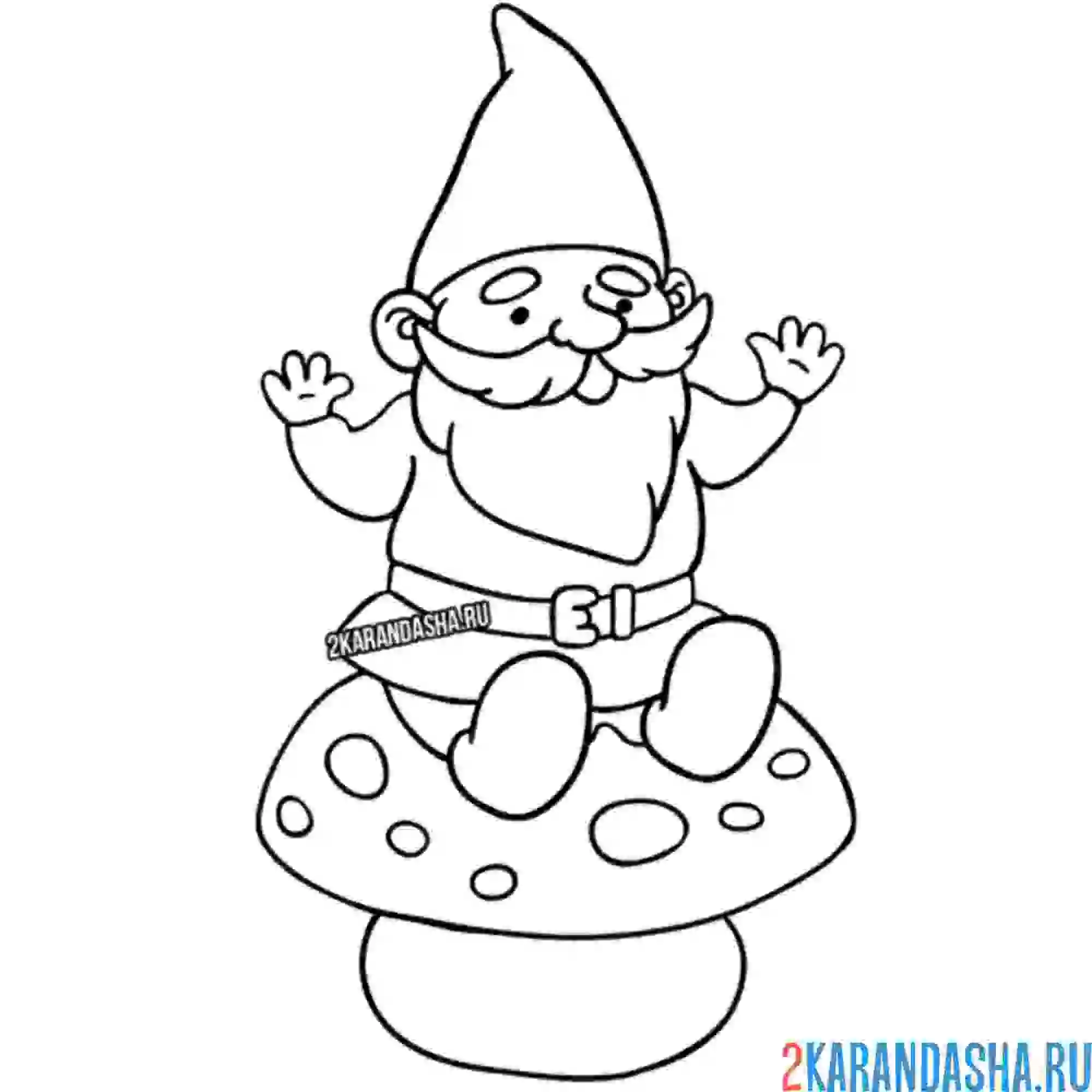 Раскраска гномик на грибе