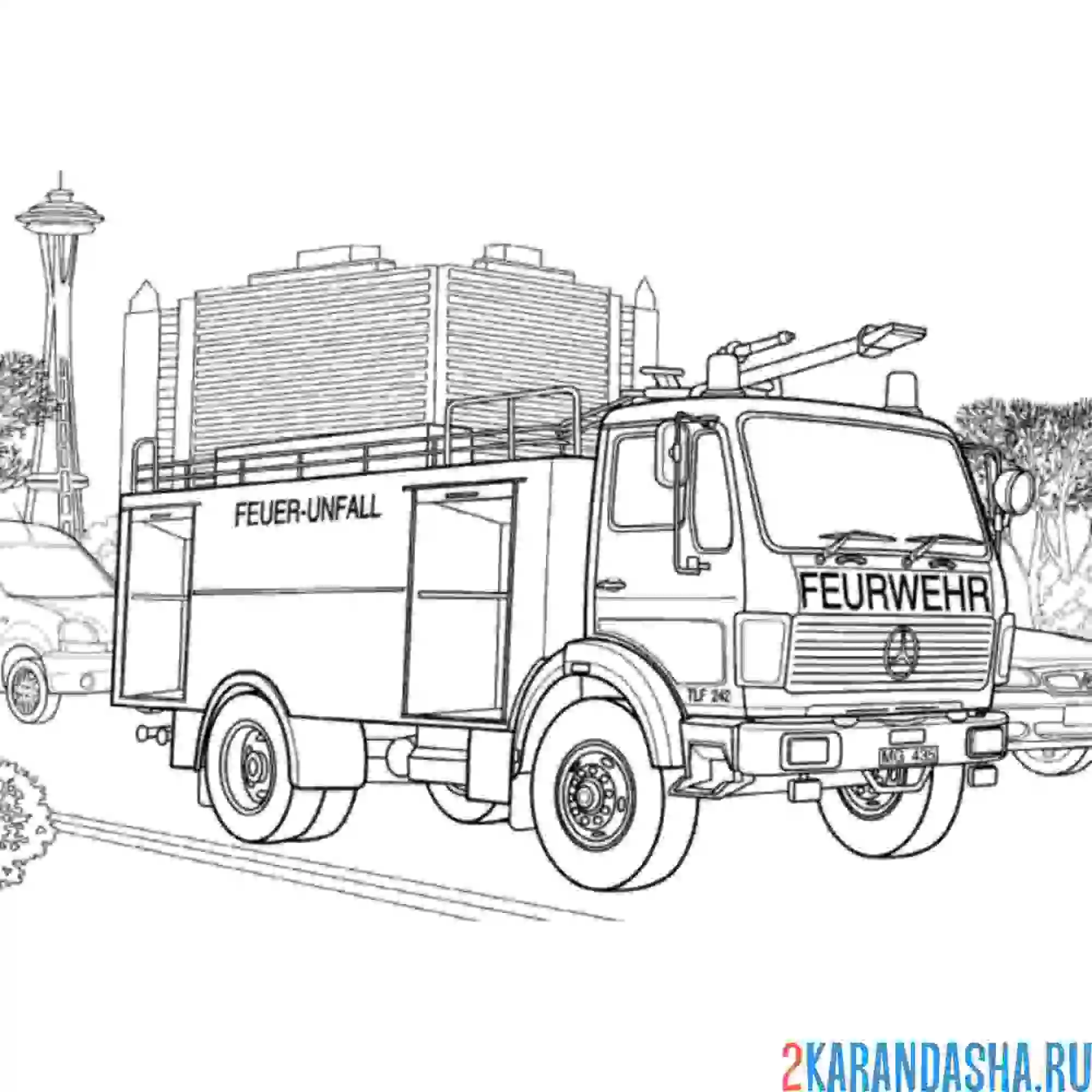 Раскраска пожарная машина в мегаполисе