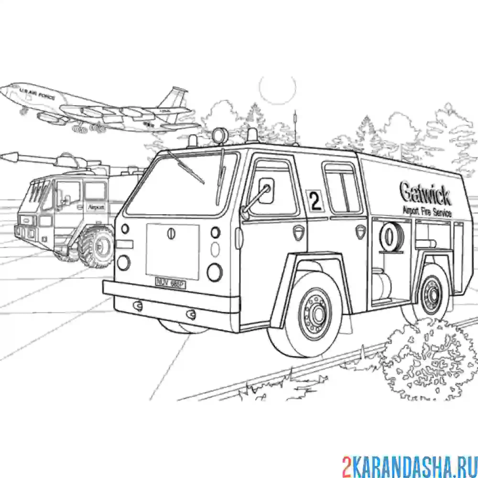 Раскраска пожарная машина аэропорт