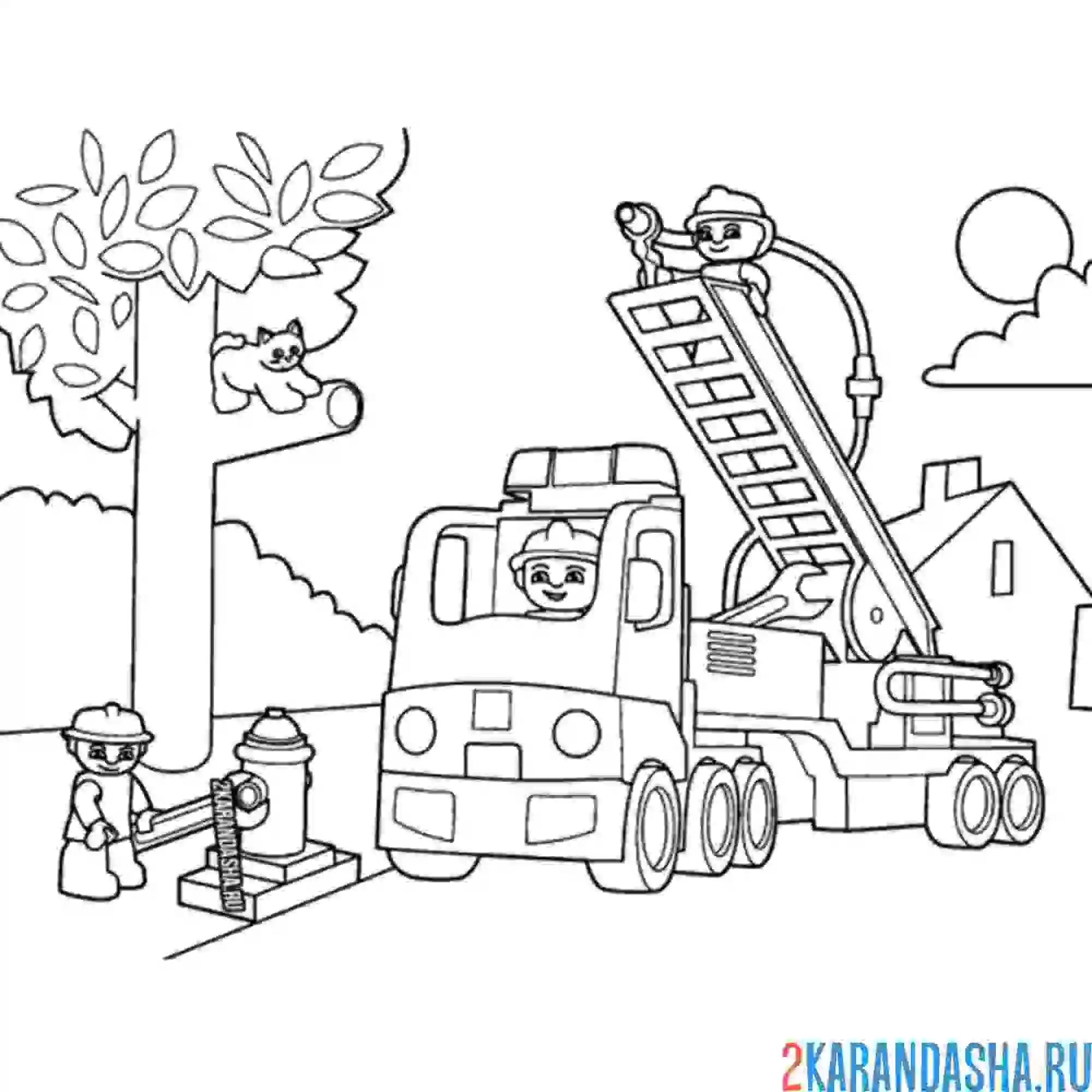 Раскраска пожарные на пожарной машине достают кота