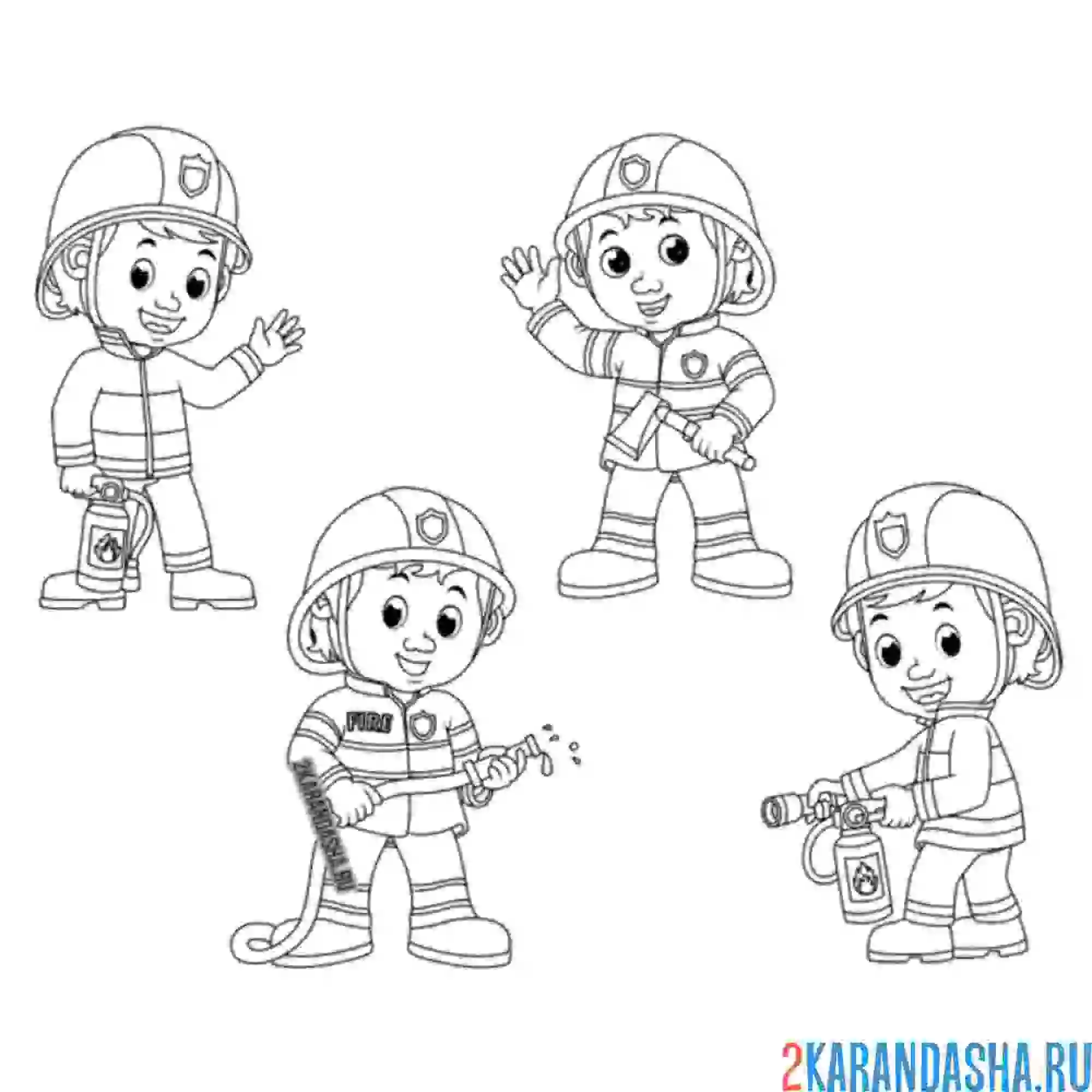 Раскраска четыре пожарных