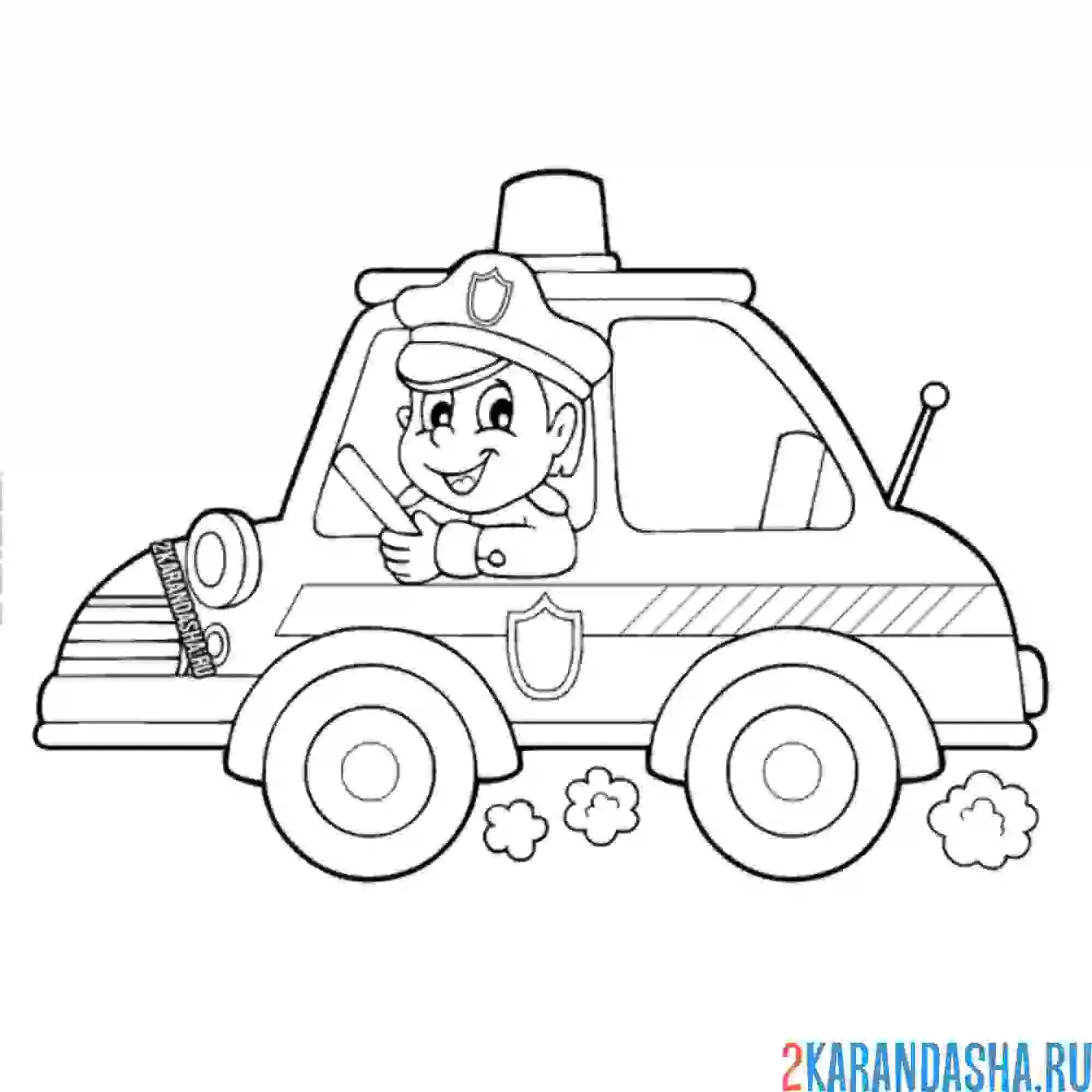 Раскраска полицейский едет в машине