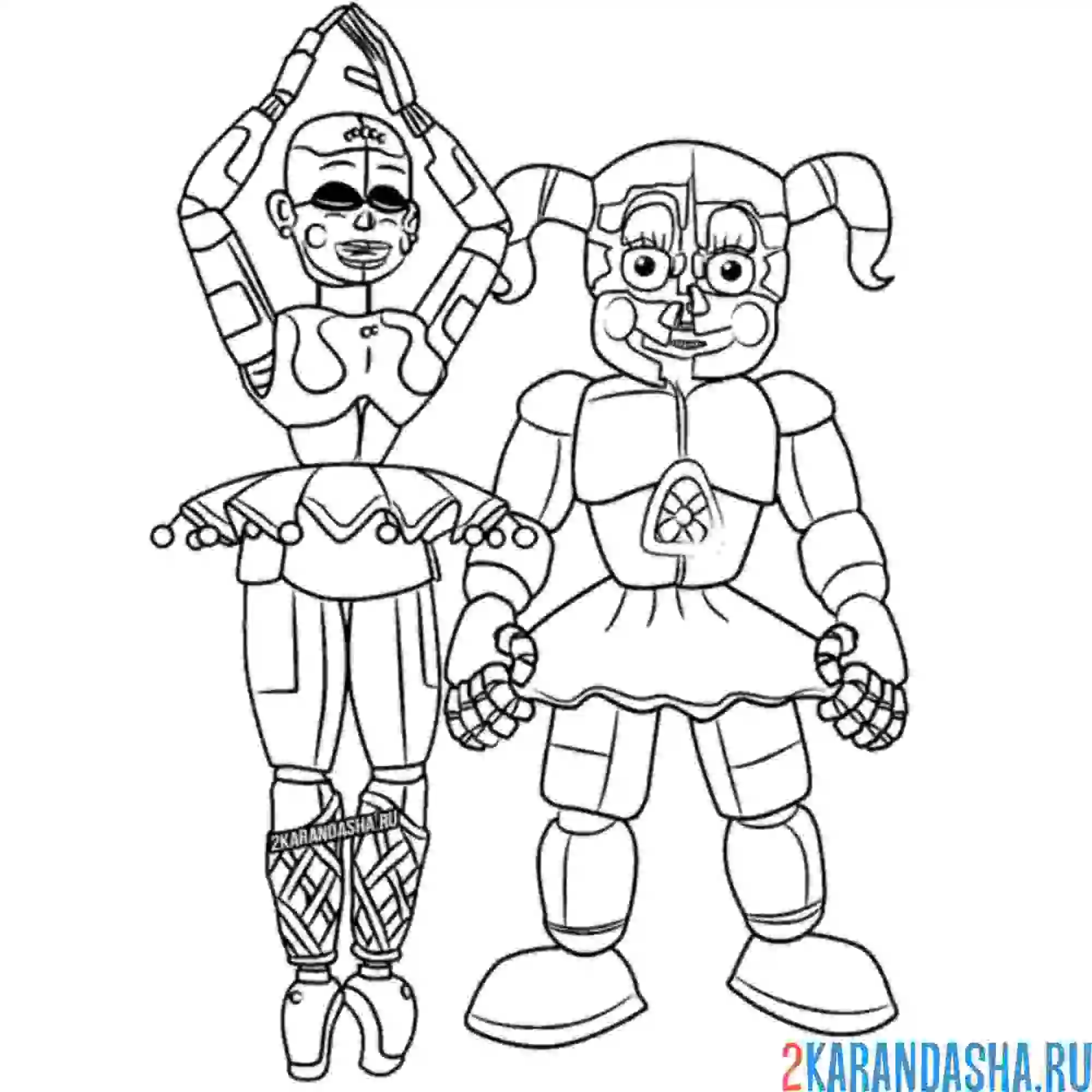 Раскраска балерина и цирковая кукла аниматроник