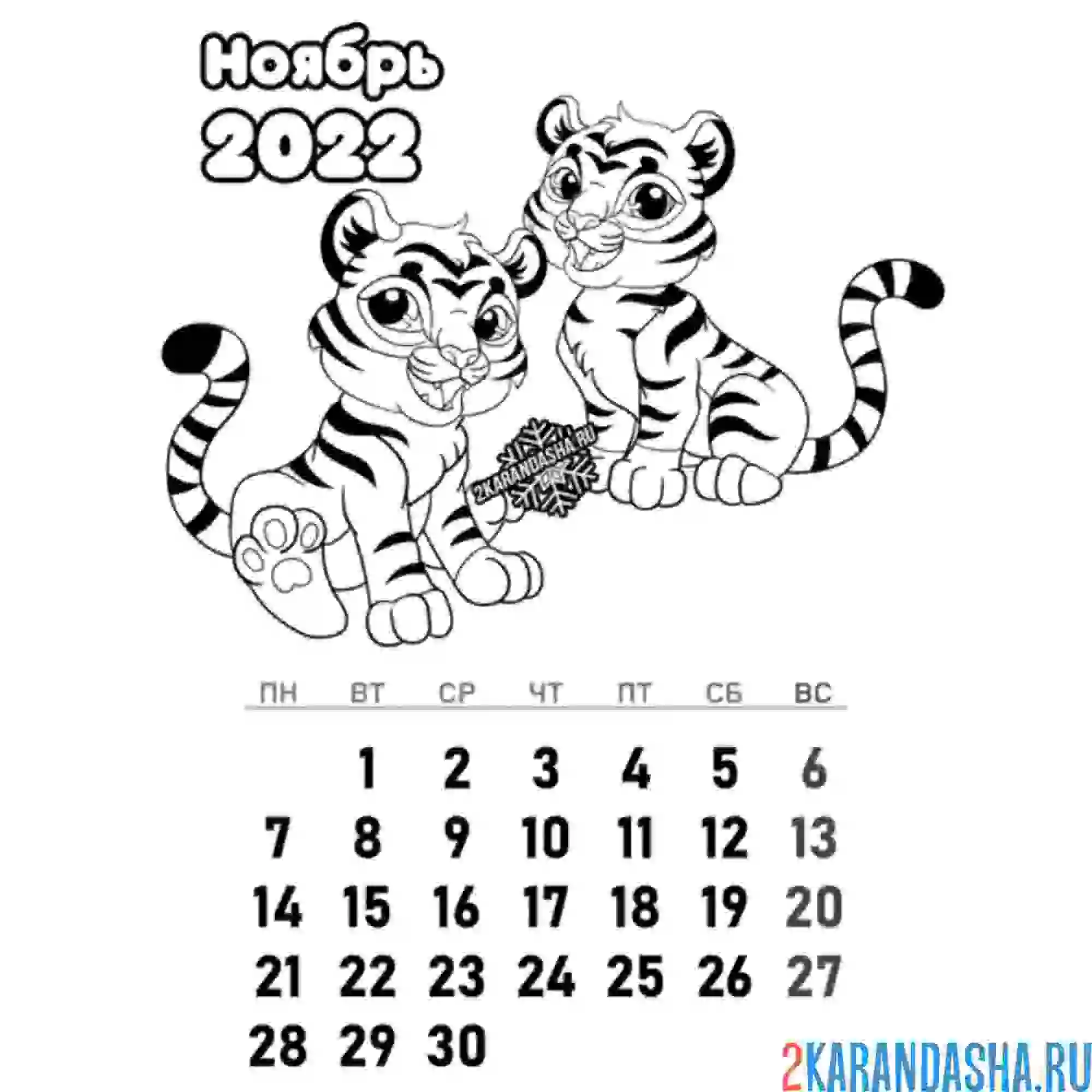 Раскраска календарь ноябрь 2022 год тигра