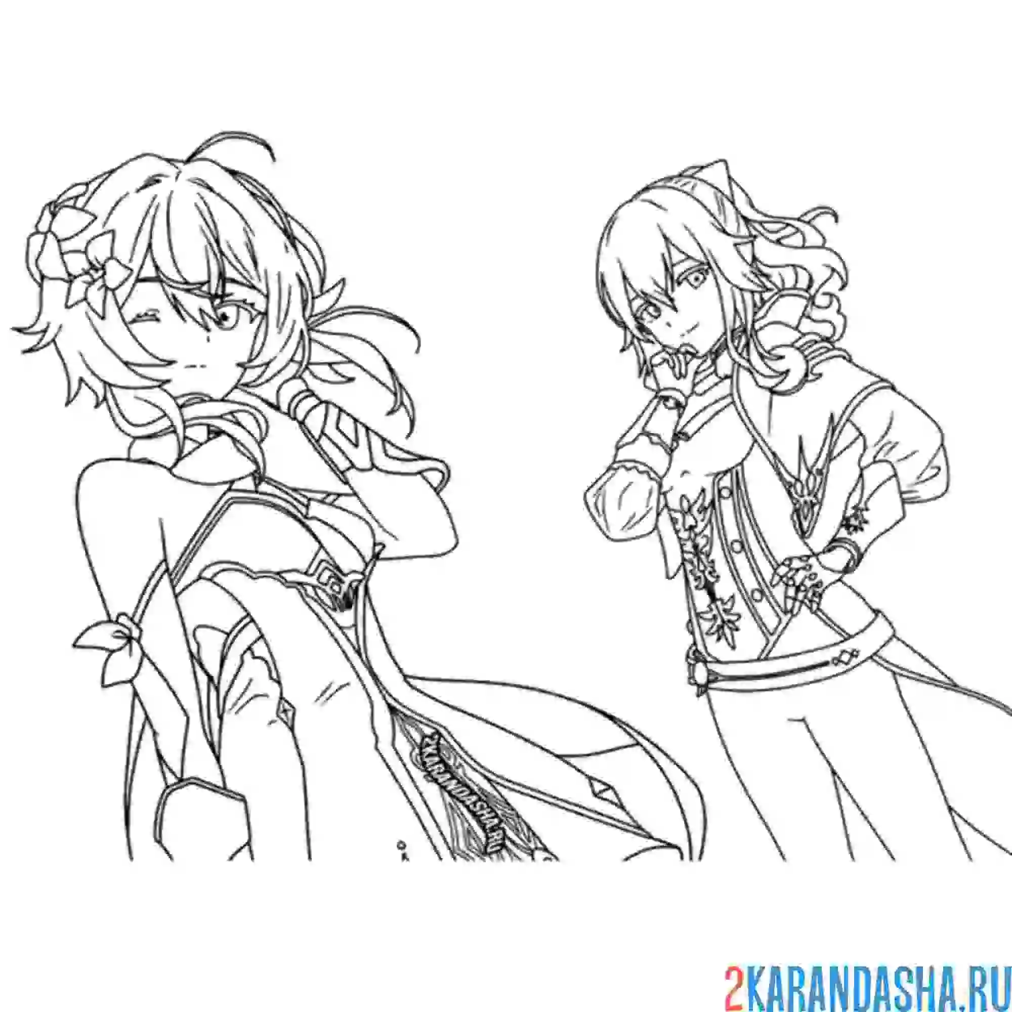 Раскраска геншин импакт два персонажа