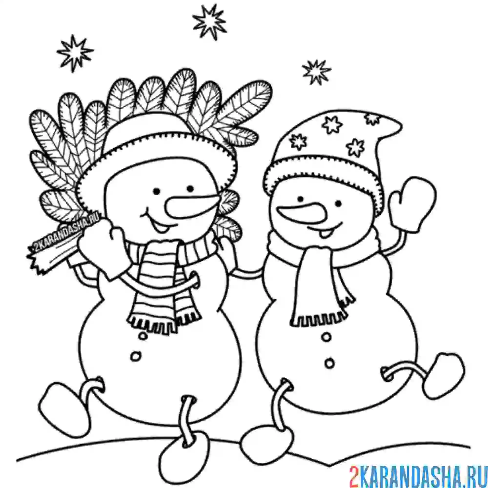 Раскраска два снеговика с елкой