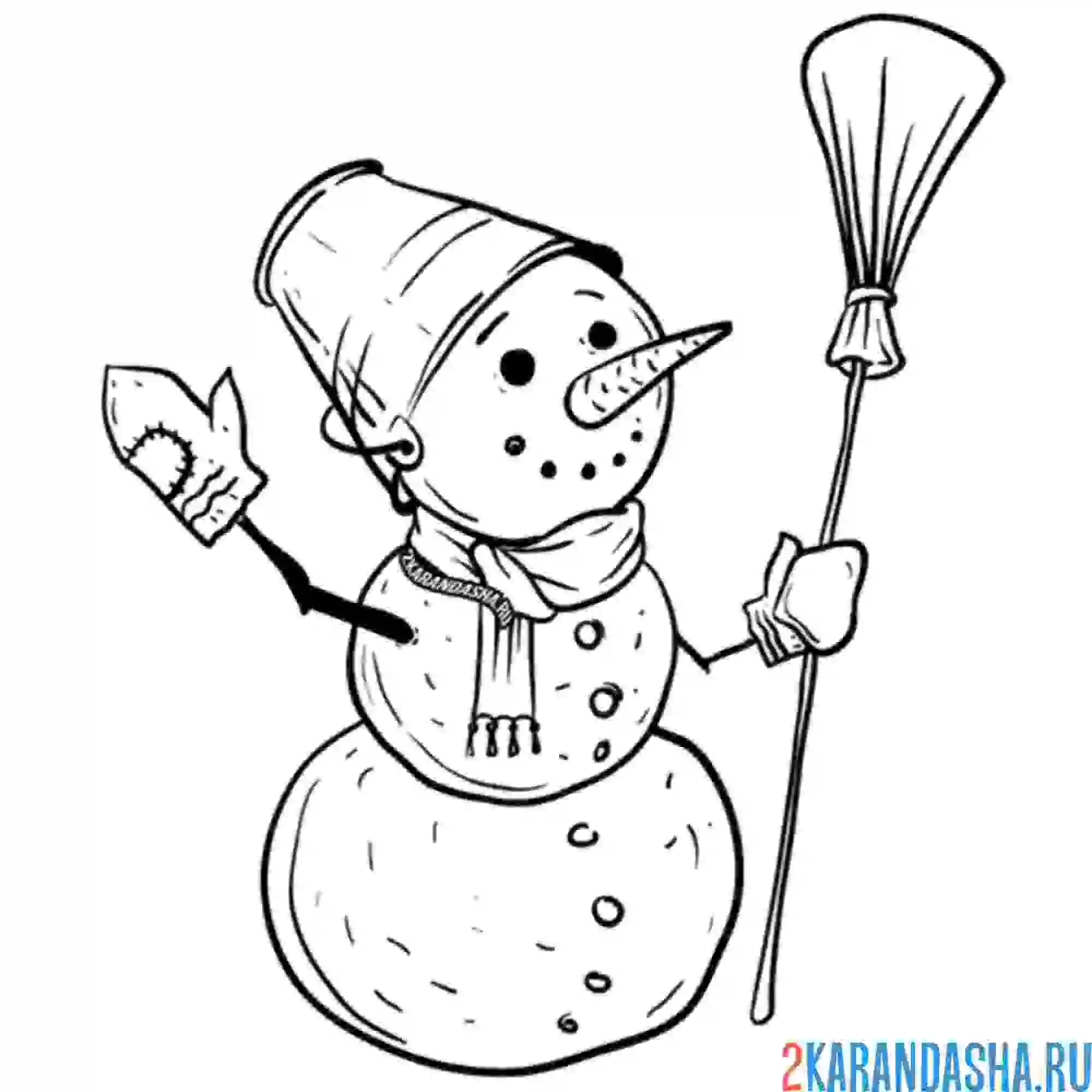 Раскраска снеговик с метлой и ведром