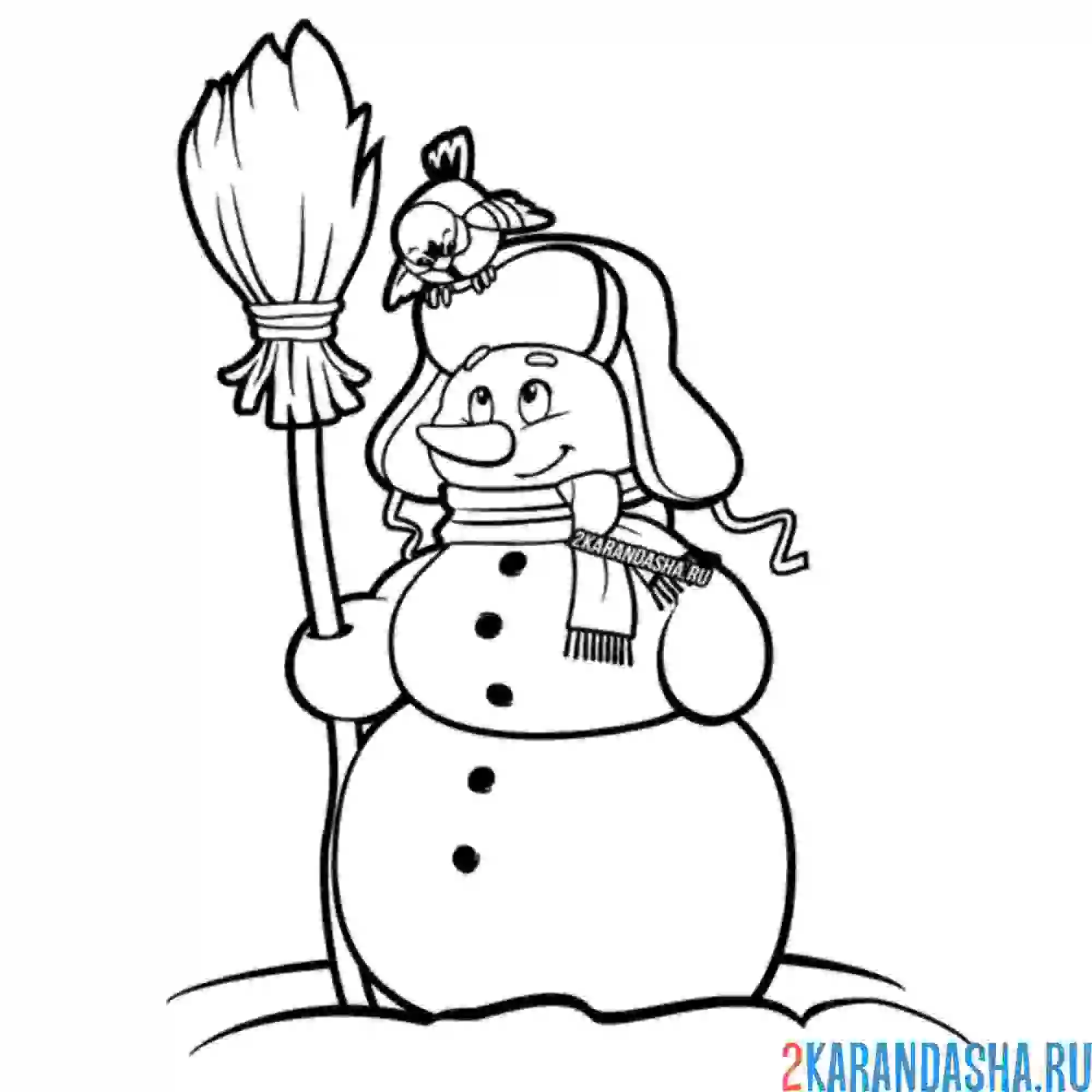 Раскраска снеговик зимний с птичкой