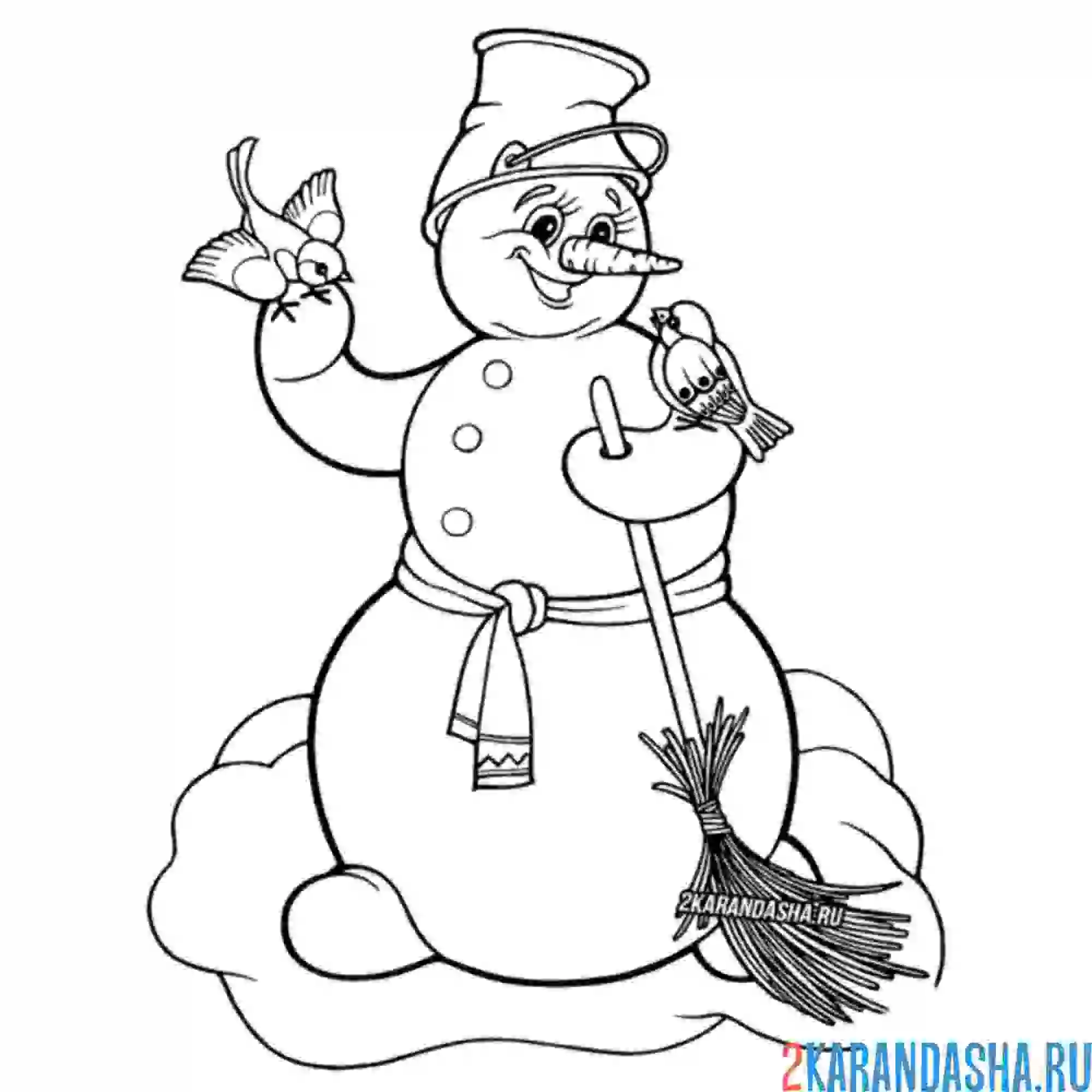 Раскраска снеговик смеется и птички