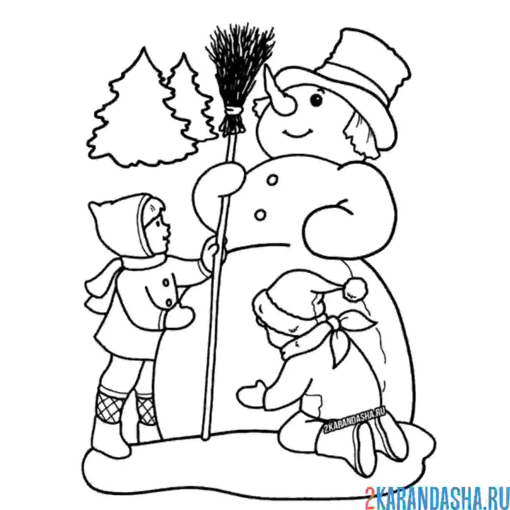 Раскраска дети слепили большого снеговика