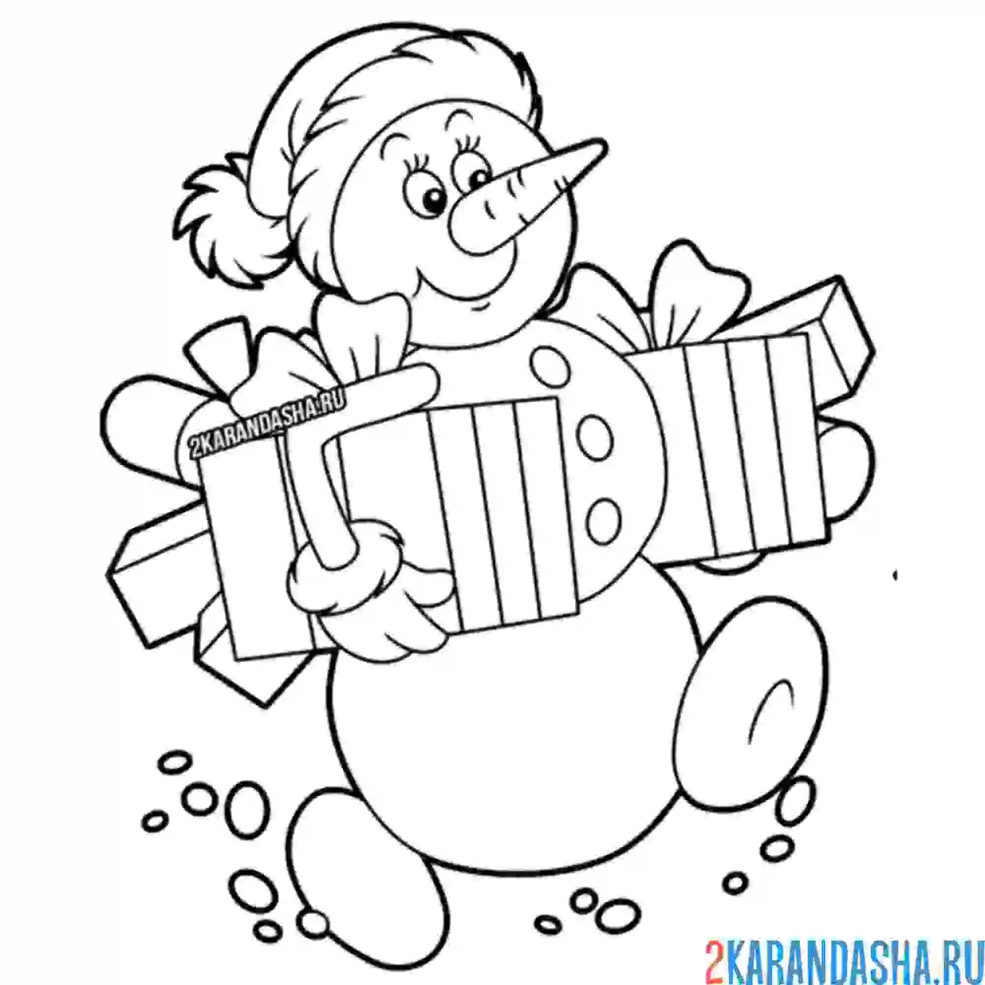 Раскраска снеговик идет с подарками