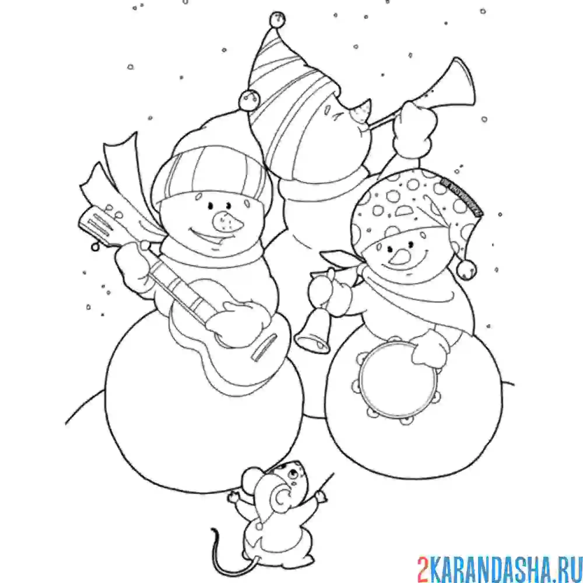 Раскраска семейство снеговиков