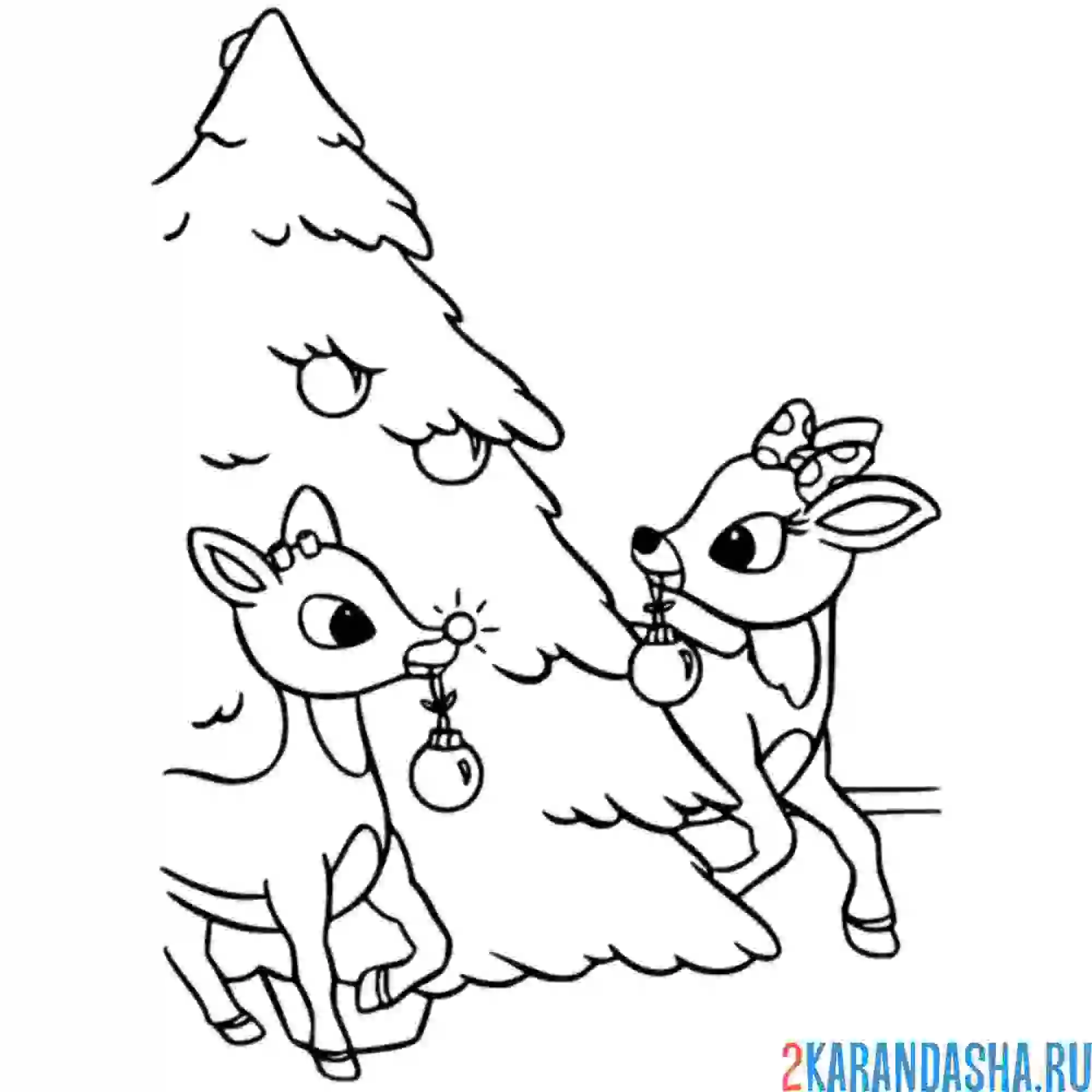 Раскраска новогодние олени и елочка