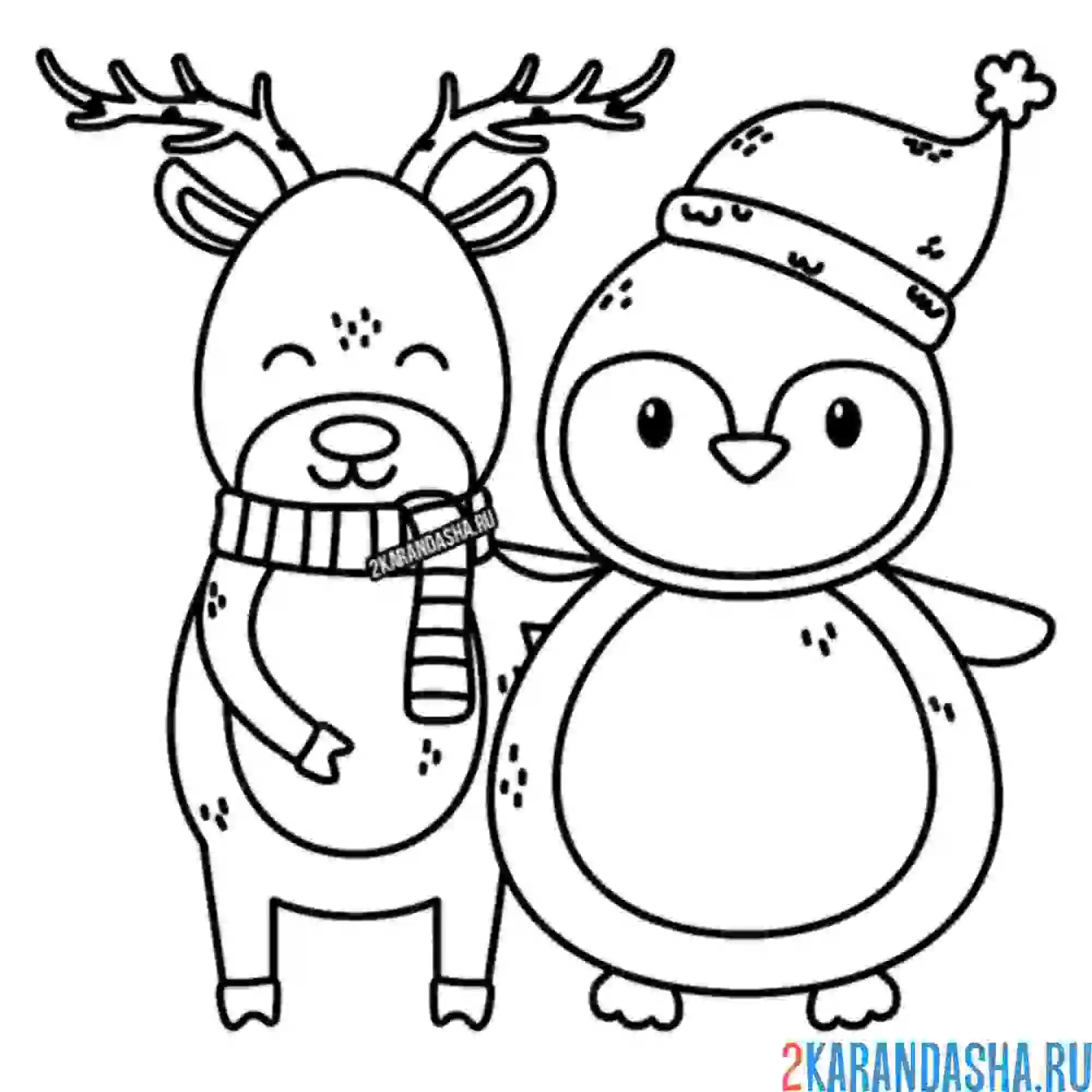 Раскраска рождественский олень и пингвин