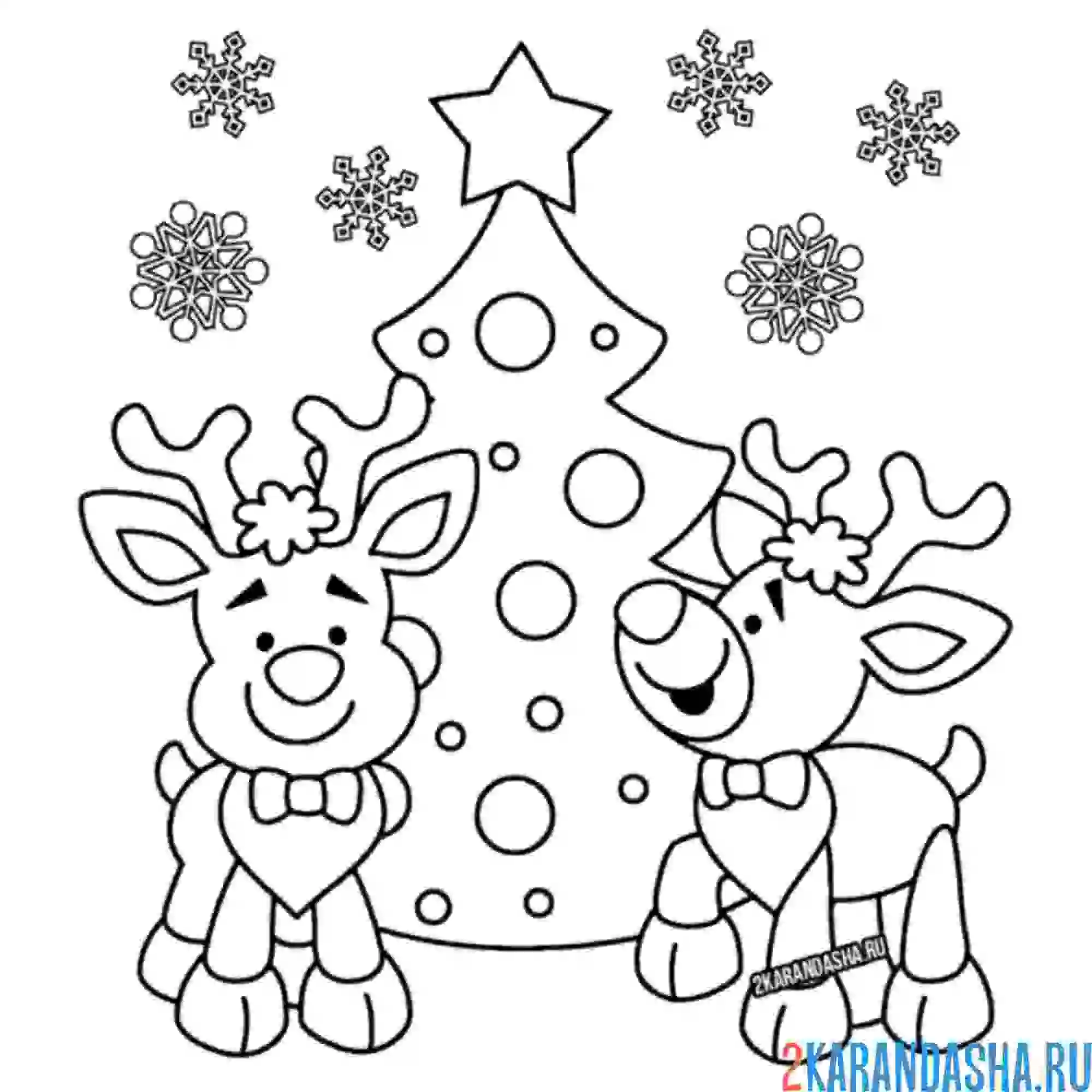 Раскраска два новогодний оленя и елка