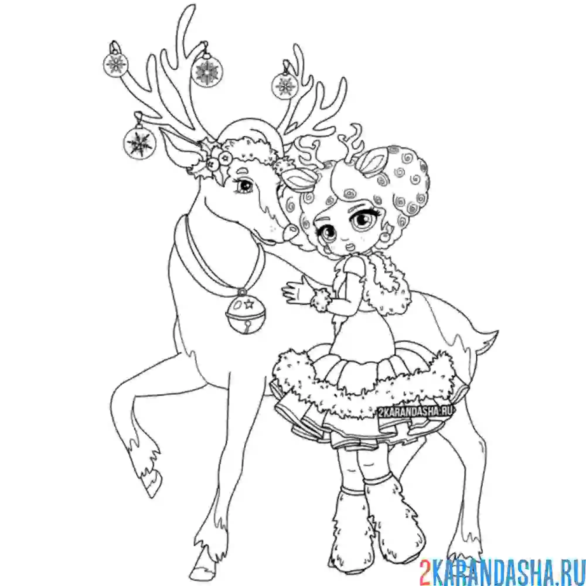 Раскраска принцесса и новогодний олень