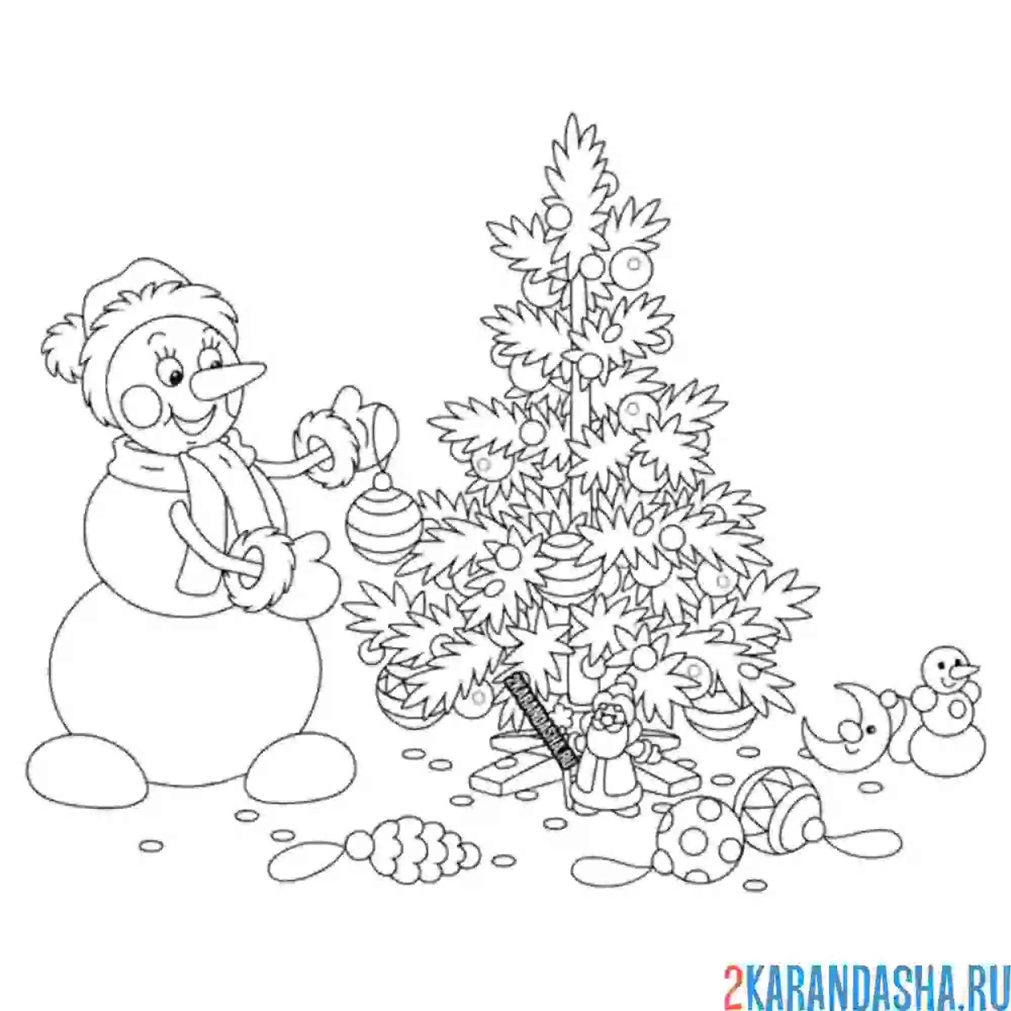 Раскраска снеговик наряжает новогоднюю елку