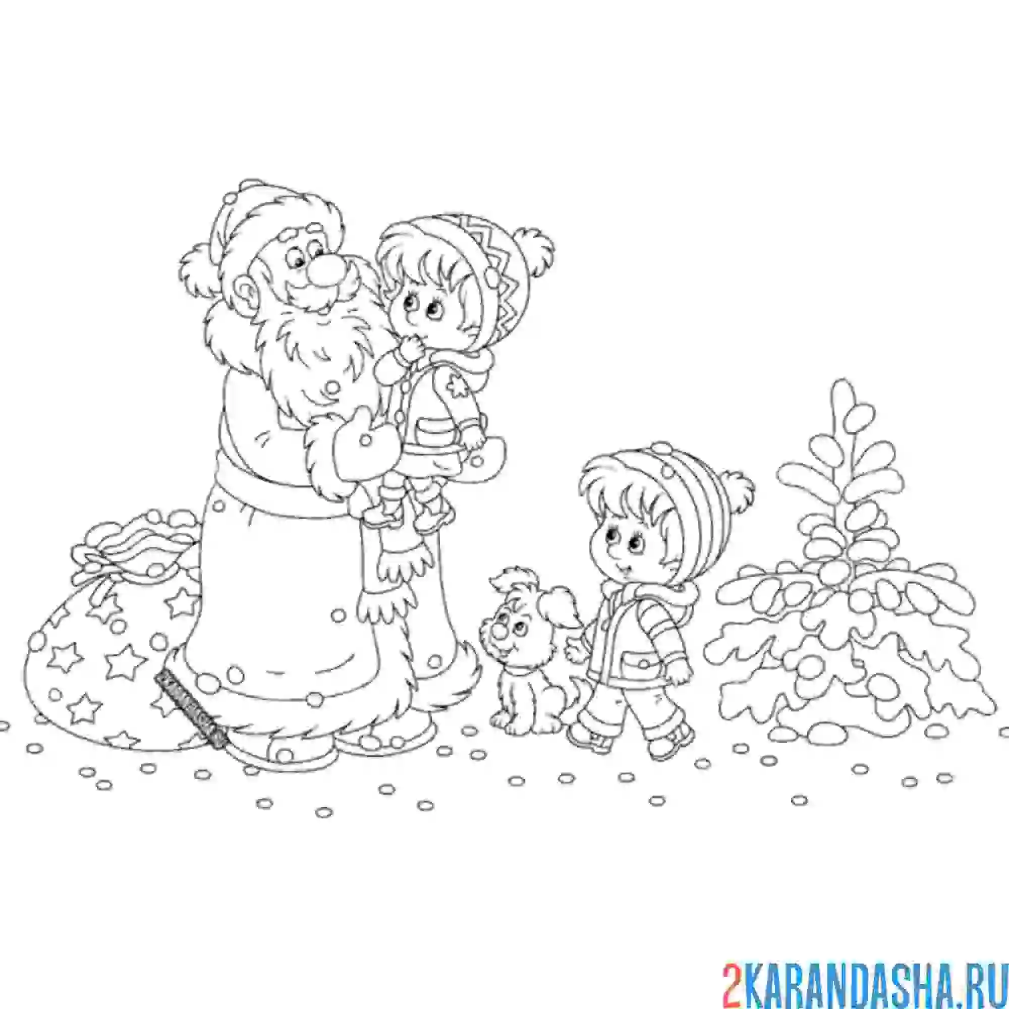 Раскраска дед мороз с детишками и новогодняя елка