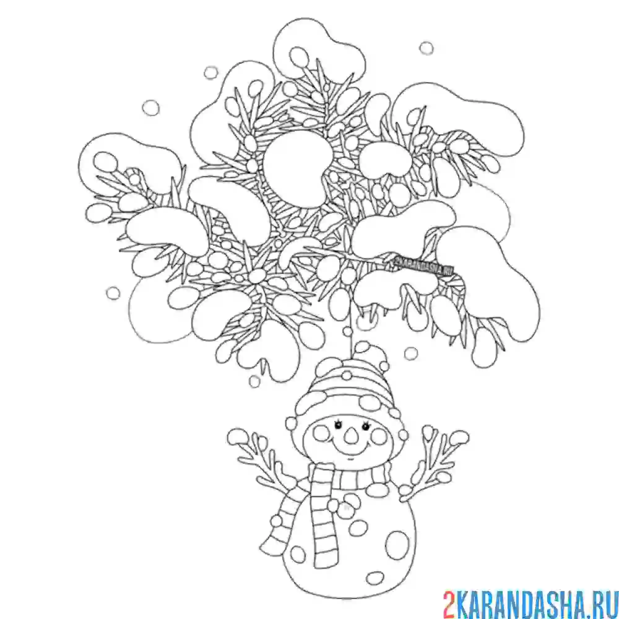 Раскраска снеговик под ёлкой