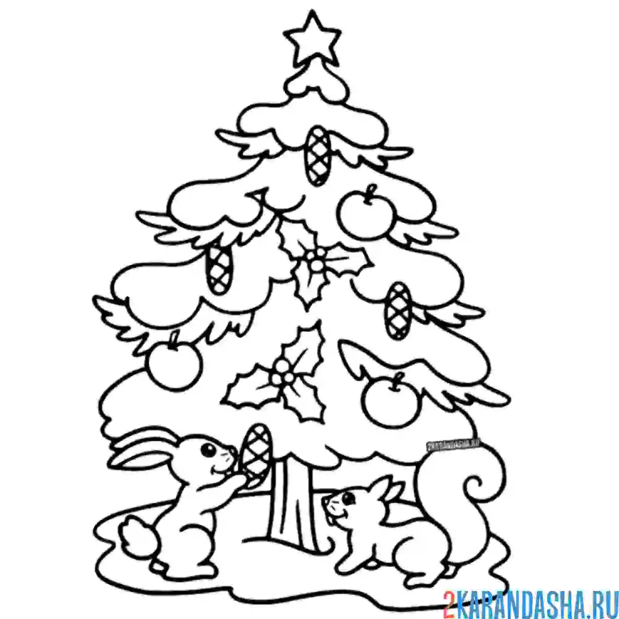 Раскраска зверята украшают новогоднюю елку