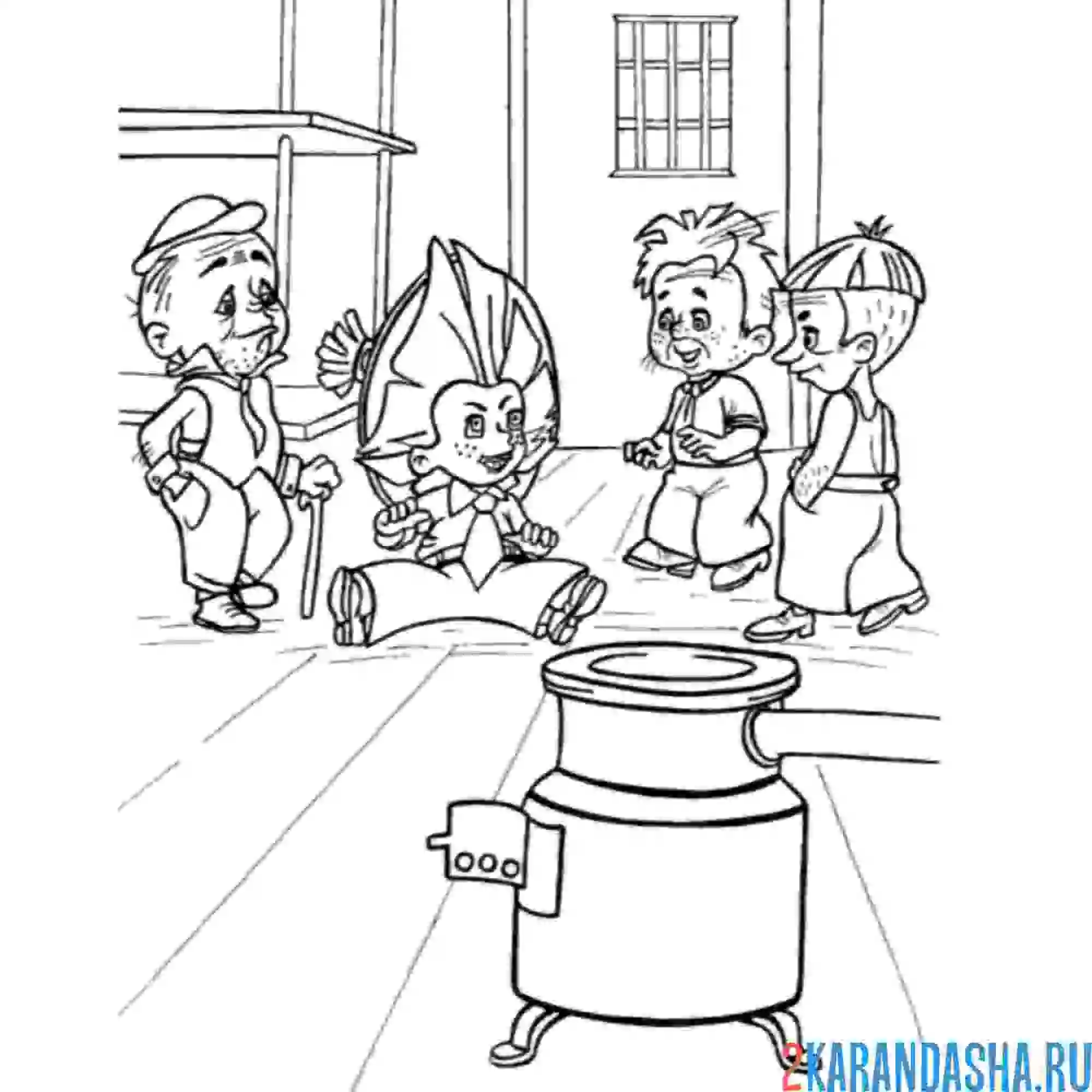 Раскраска незнайка в окружении друзей