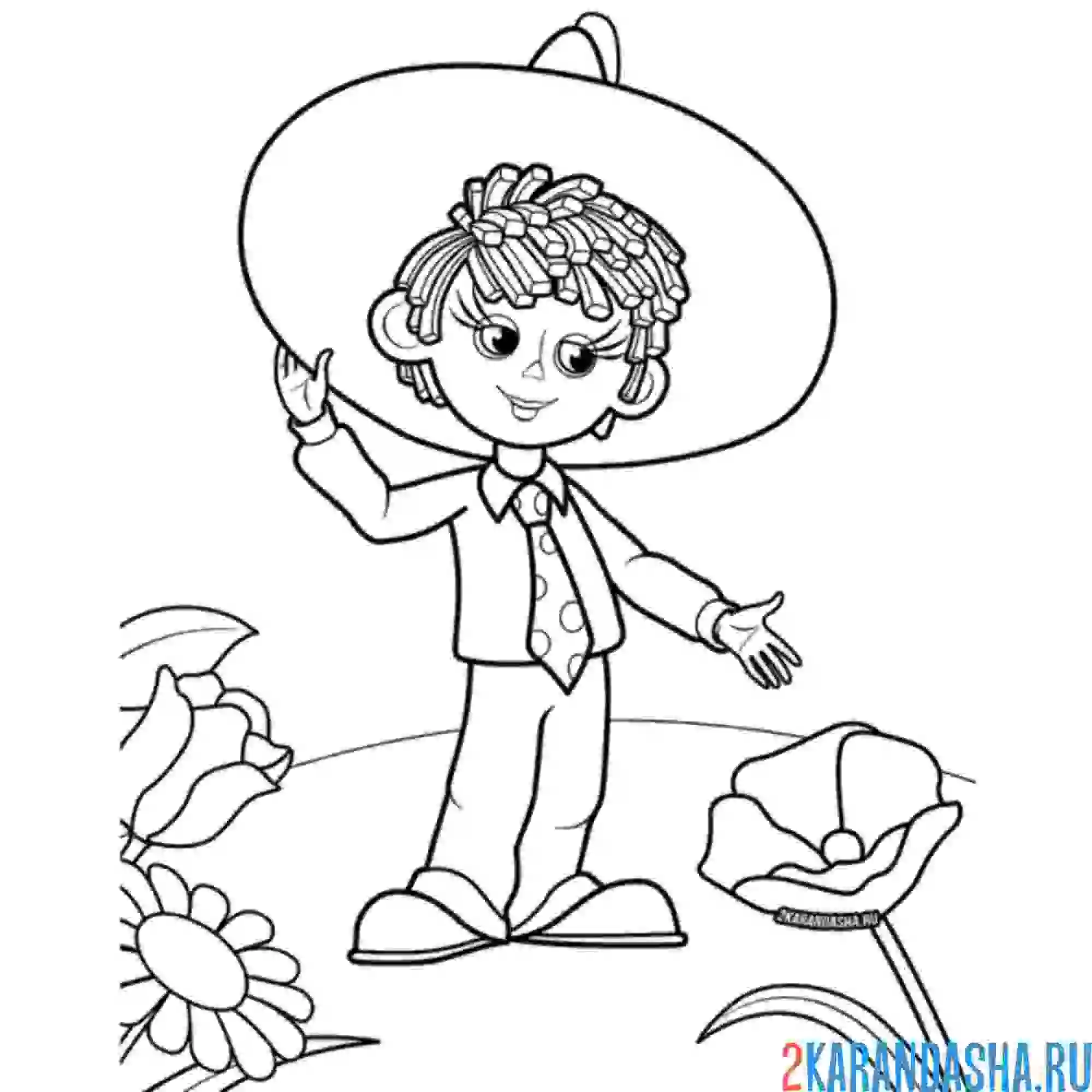 Раскраска незнайка с цветками