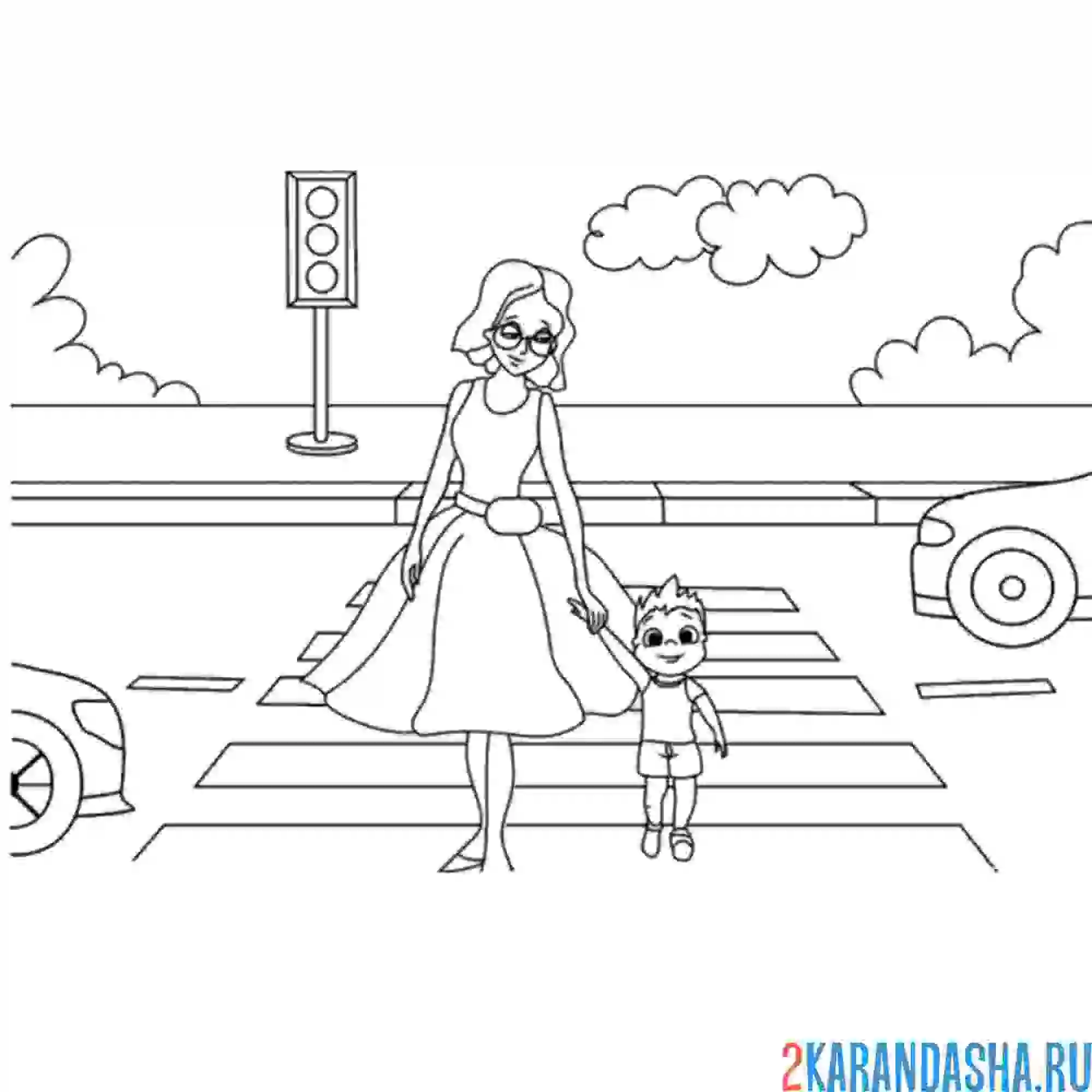 Раскраска пешеходы идут по переходу
