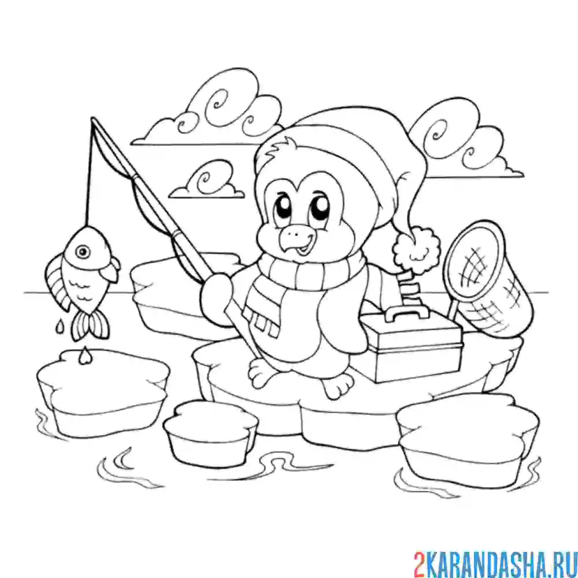 Раскраска пингвин на рыбалке