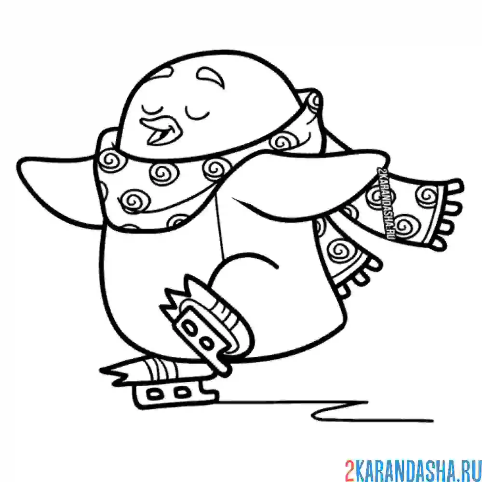 Раскраска пингвин смешно катается на коньках