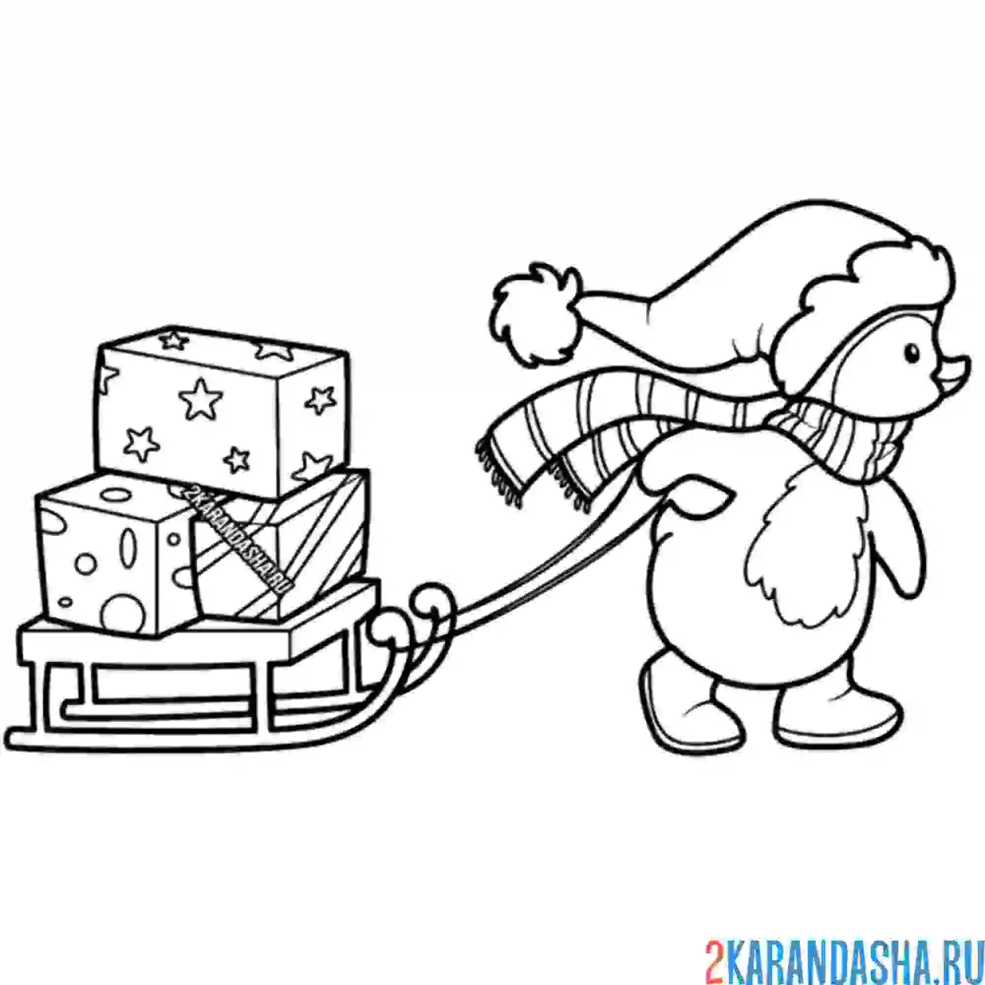 Раскраска пингвин развозит подарки