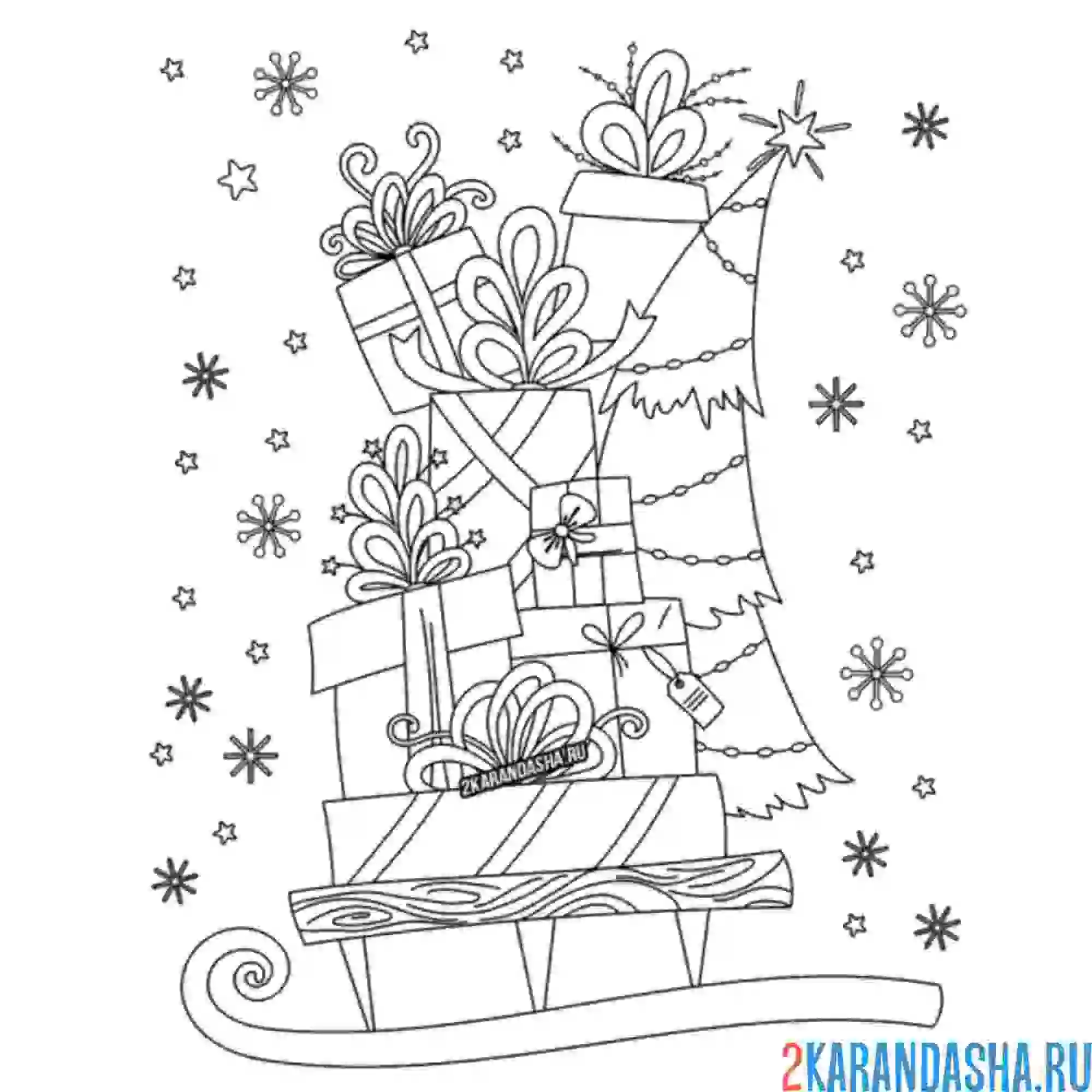 Раскраска подарки на санках