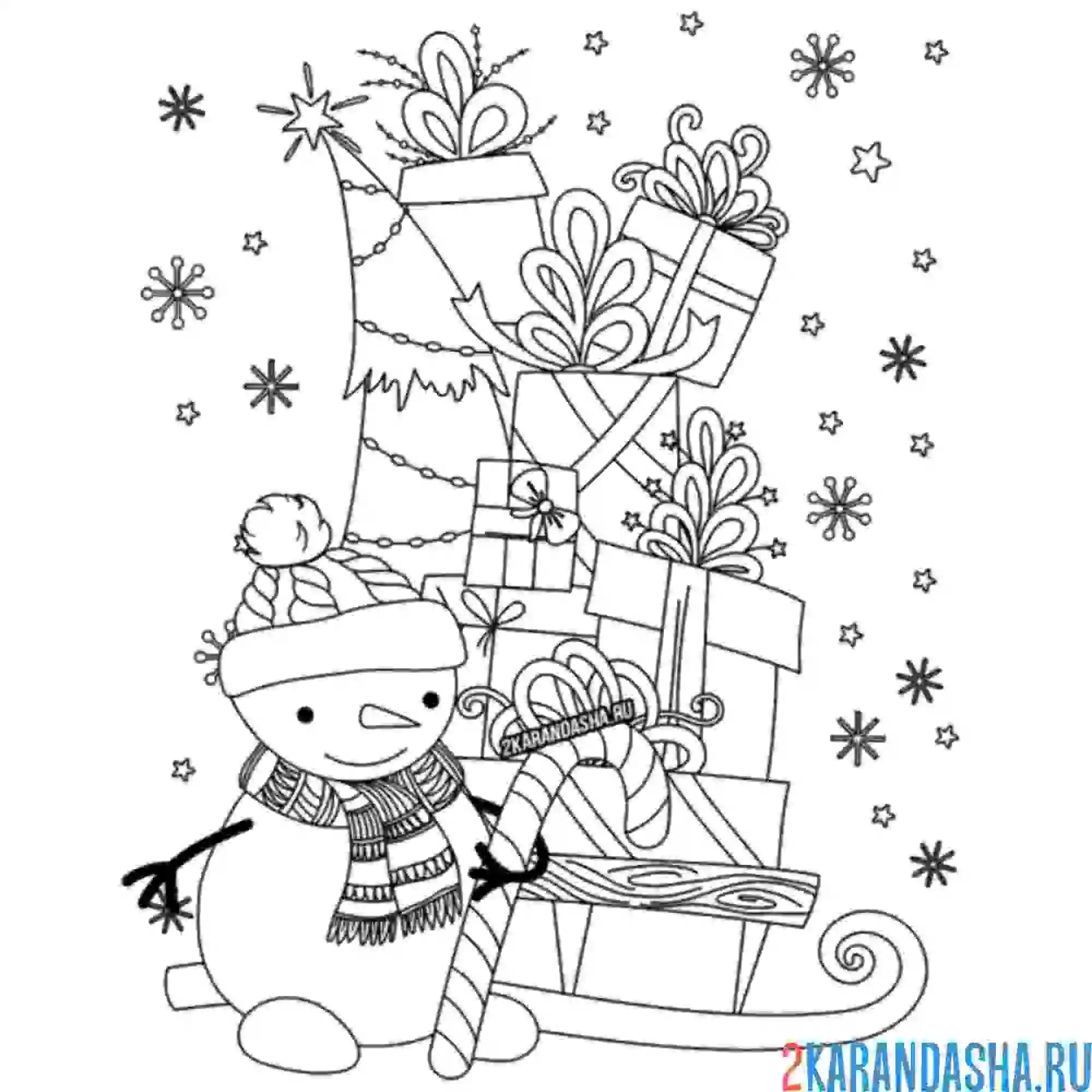 Раскраска подарки в санях