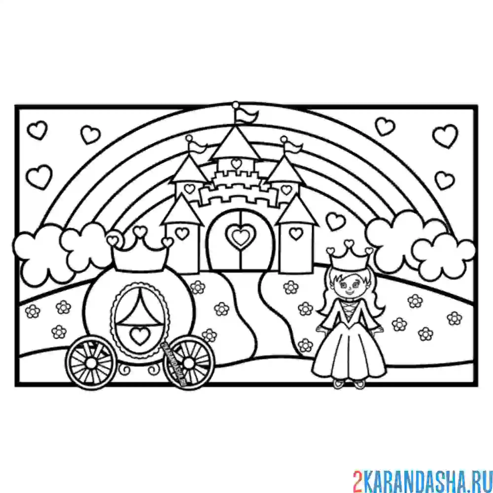 Раскраска принцесса и замок с короной