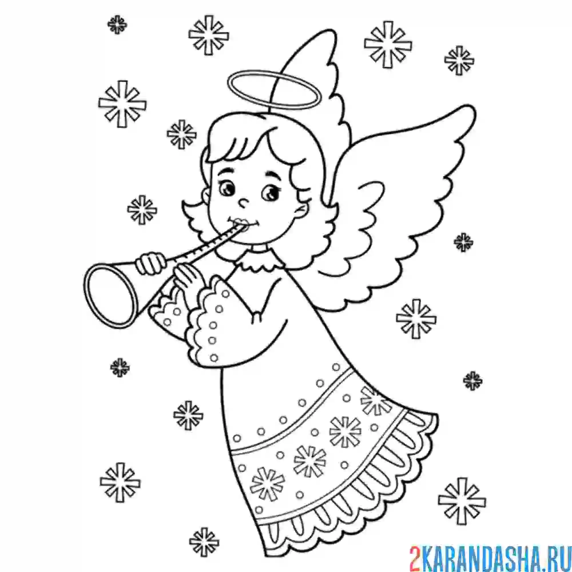 Раскраска рождественский ангел играет на трубе