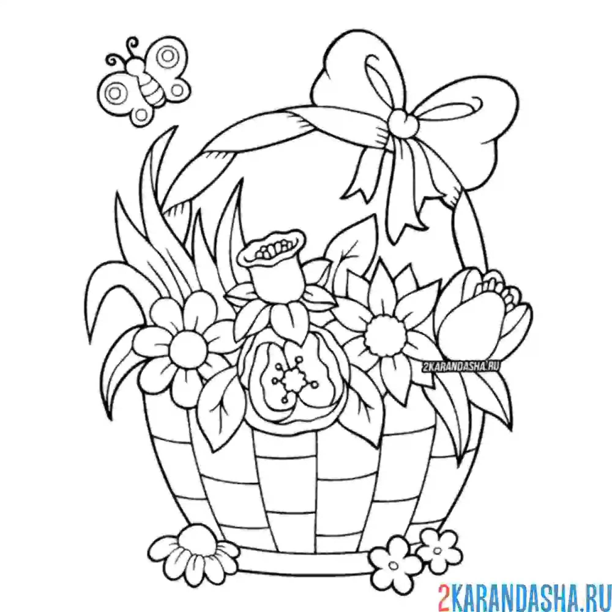 Раскраска корзинка с разными цветами и тюльпанами