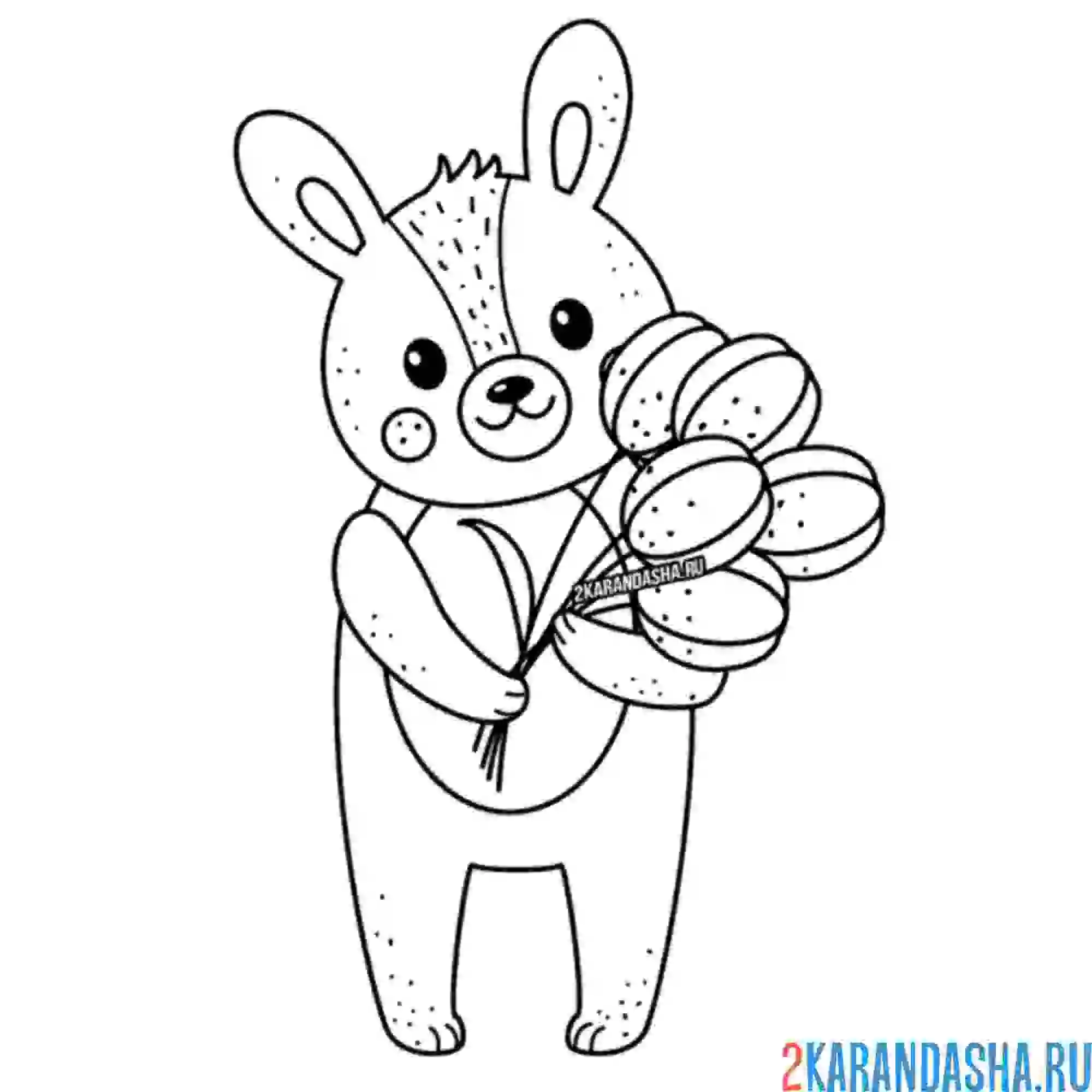 Раскраска зверек с букетом тюльпанов