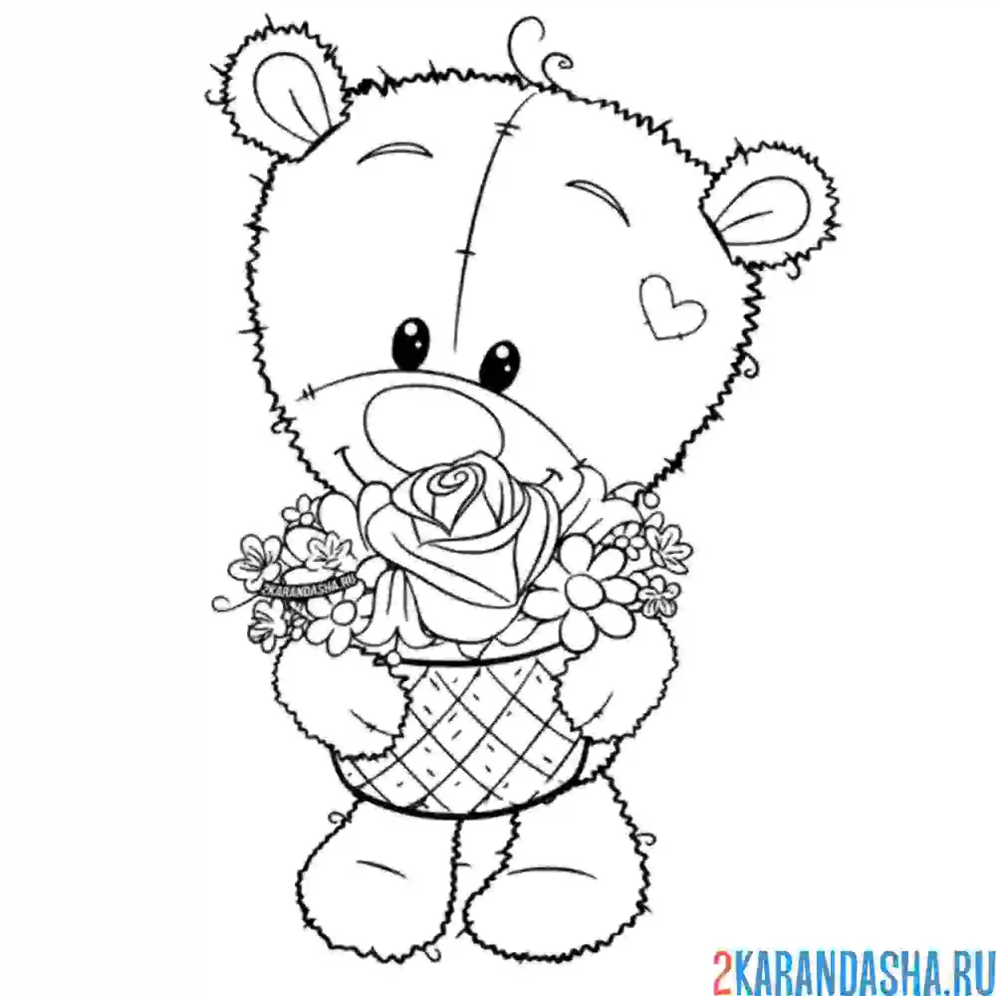 Раскраска мишка с букетом в коробке
