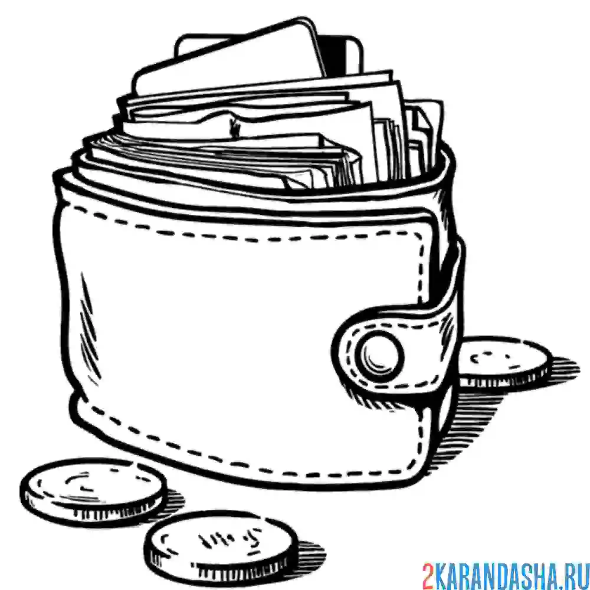 Раскраска кошелек с деньгами и картой