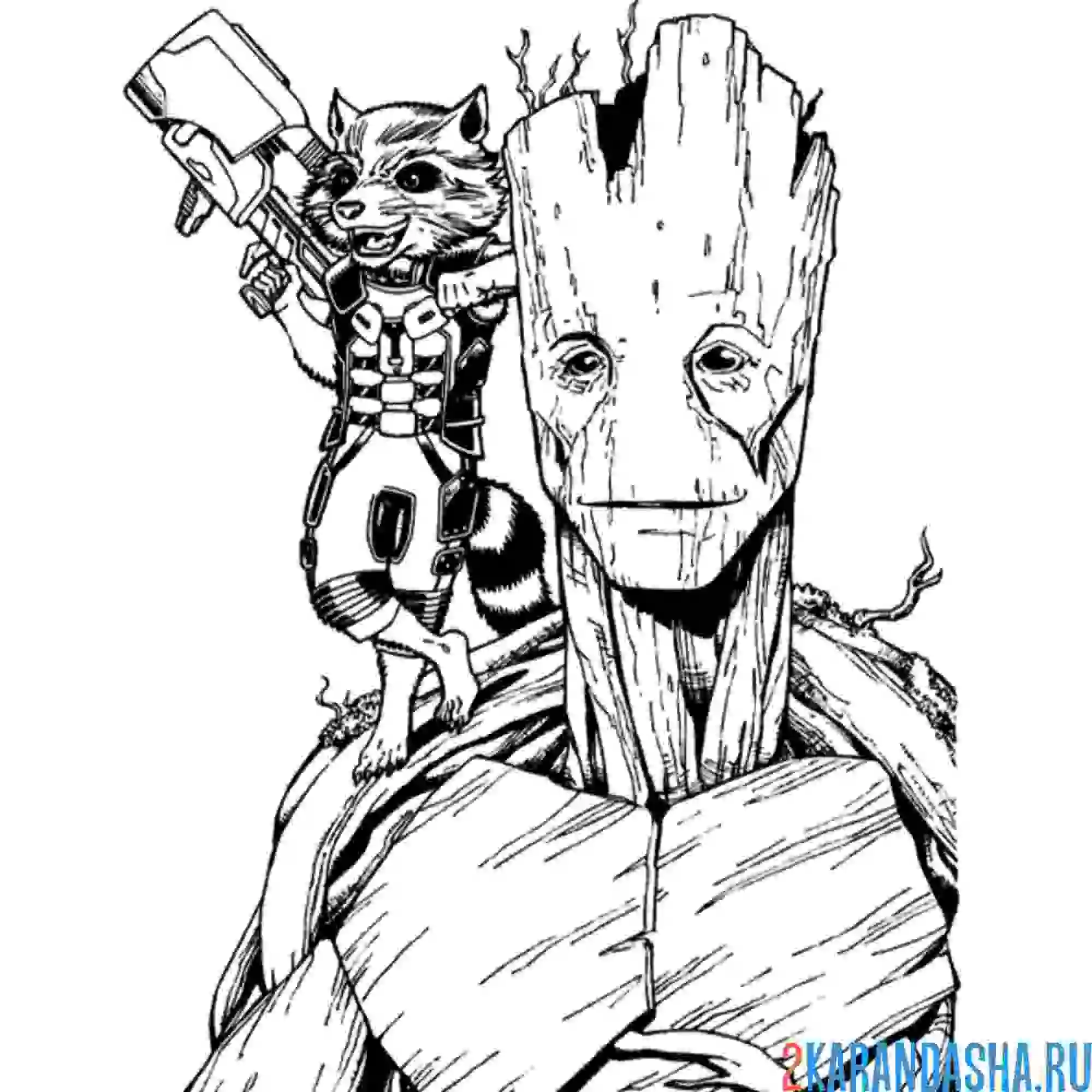 Раскраска енот ракета и грут марвел