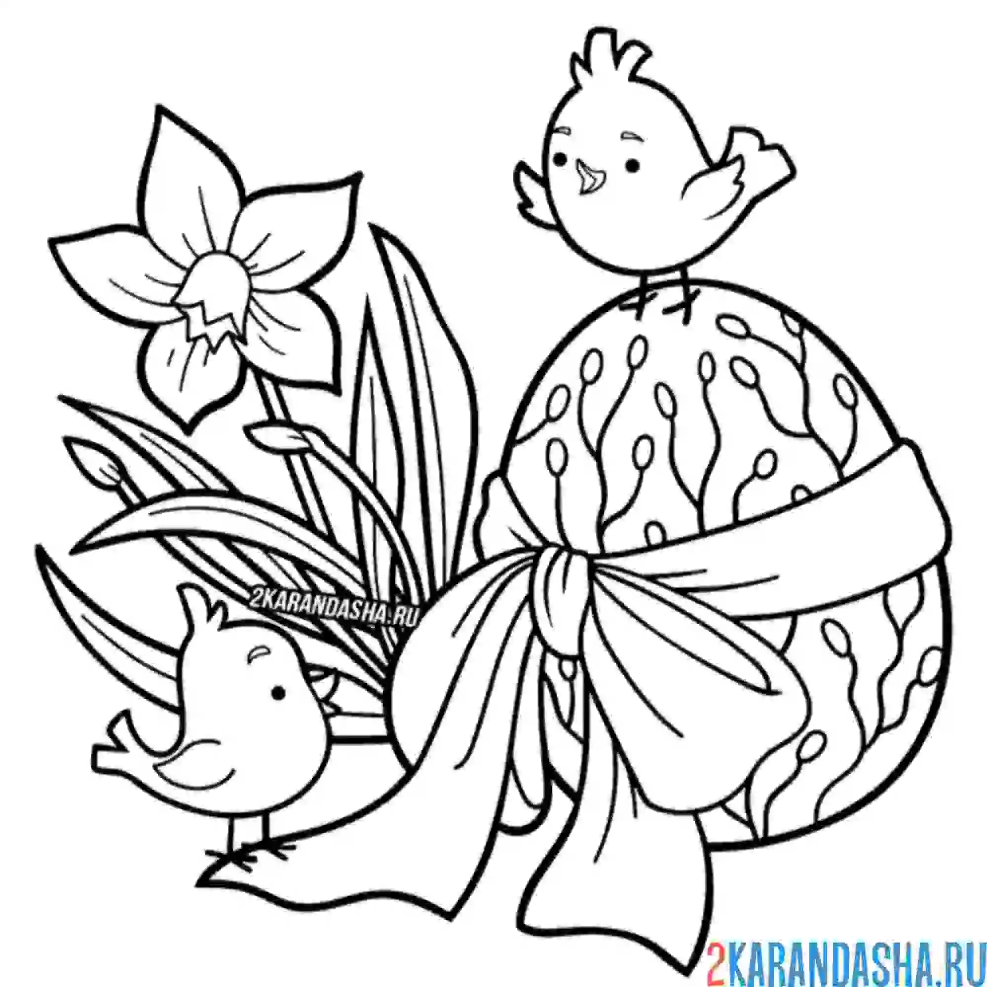 Раскраска цыплята с цветочком весна