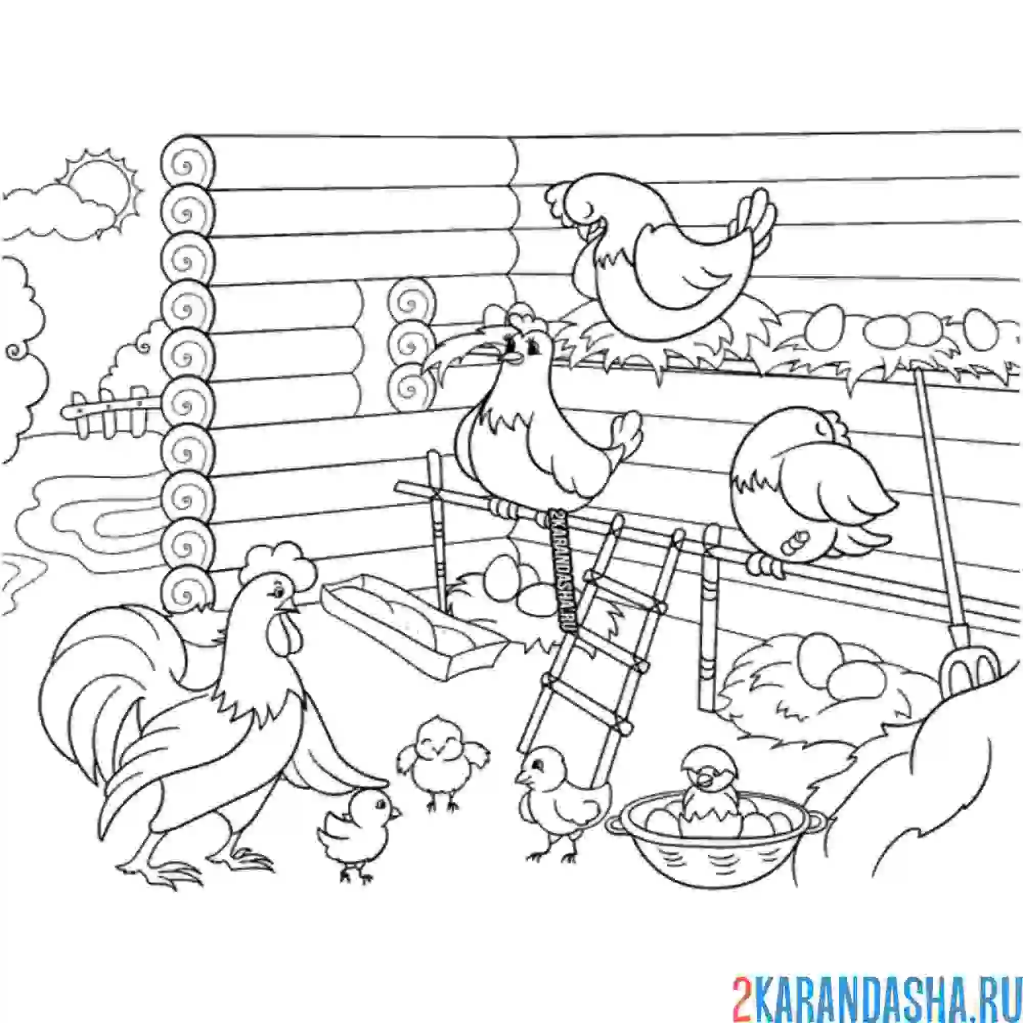 Раскраска курятника с цыплятами
