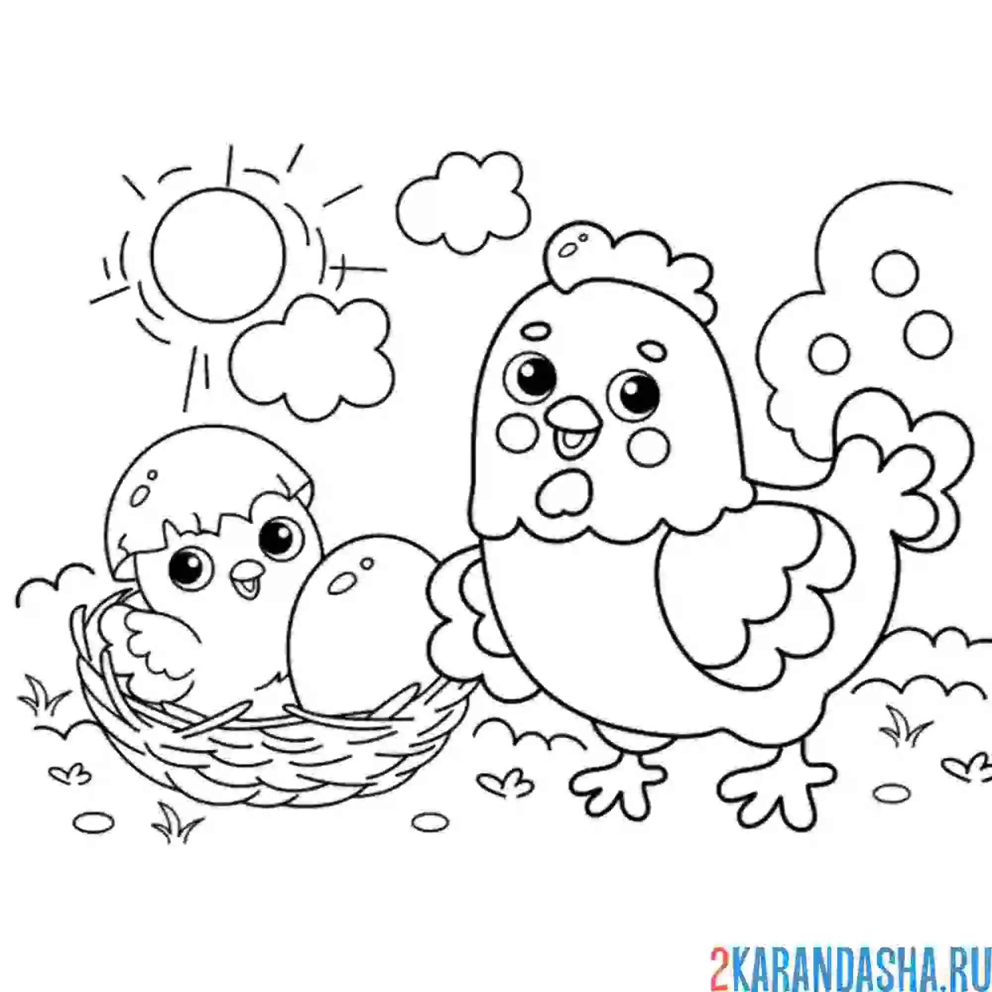 Раскраска цыпленок и мама курица