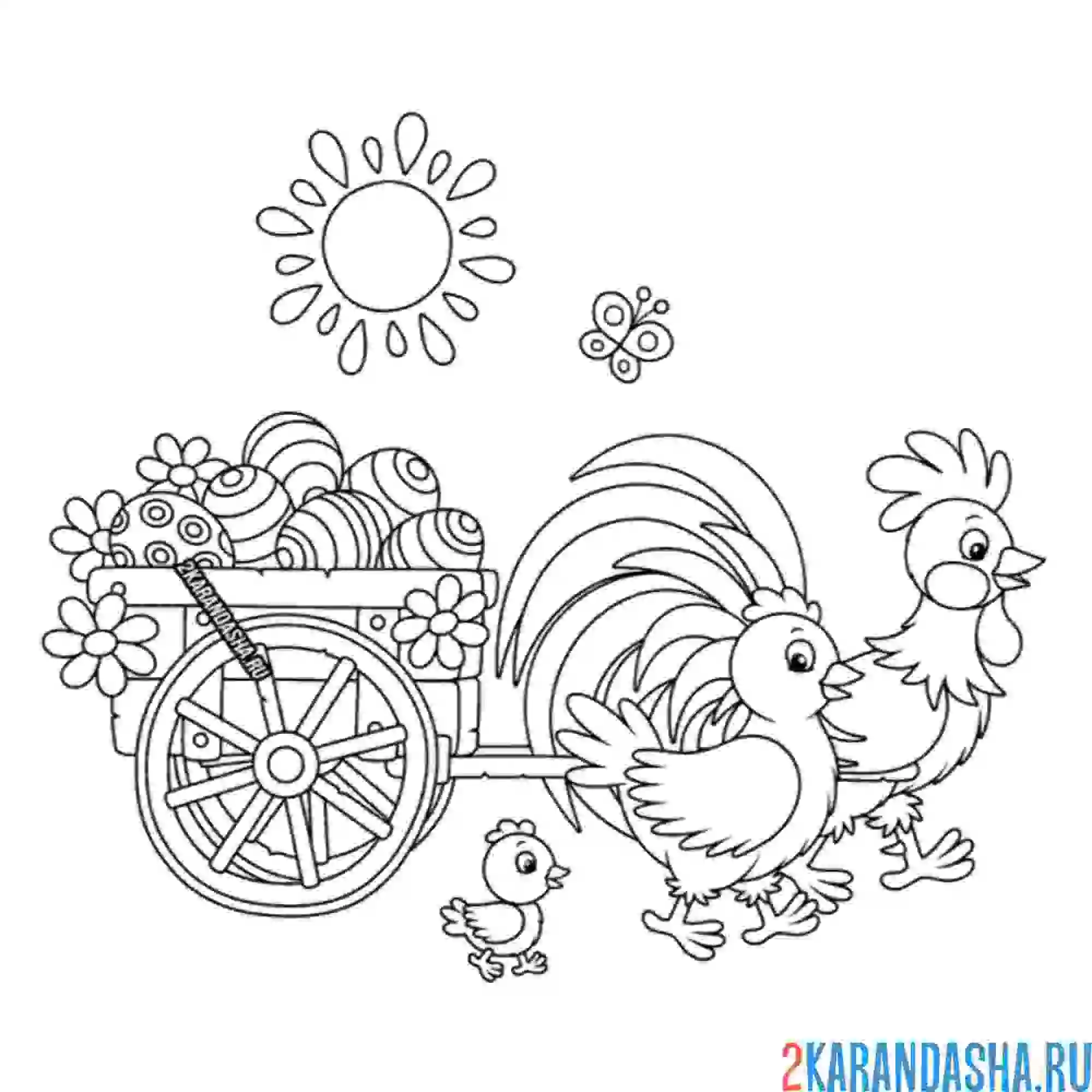 Раскраска петух с курицей и цыплятами на пасху