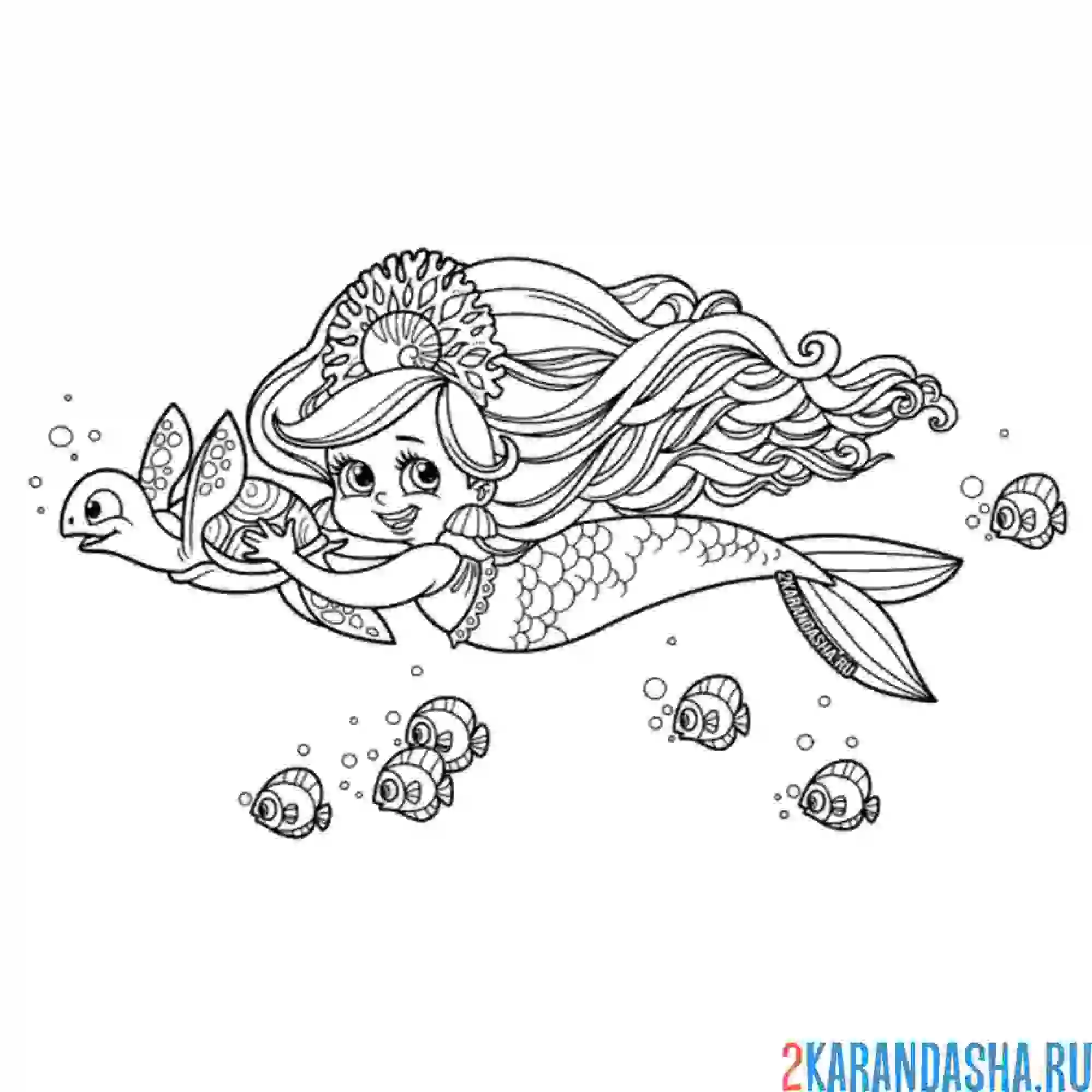 Раскраска русалка плавает с черепахой