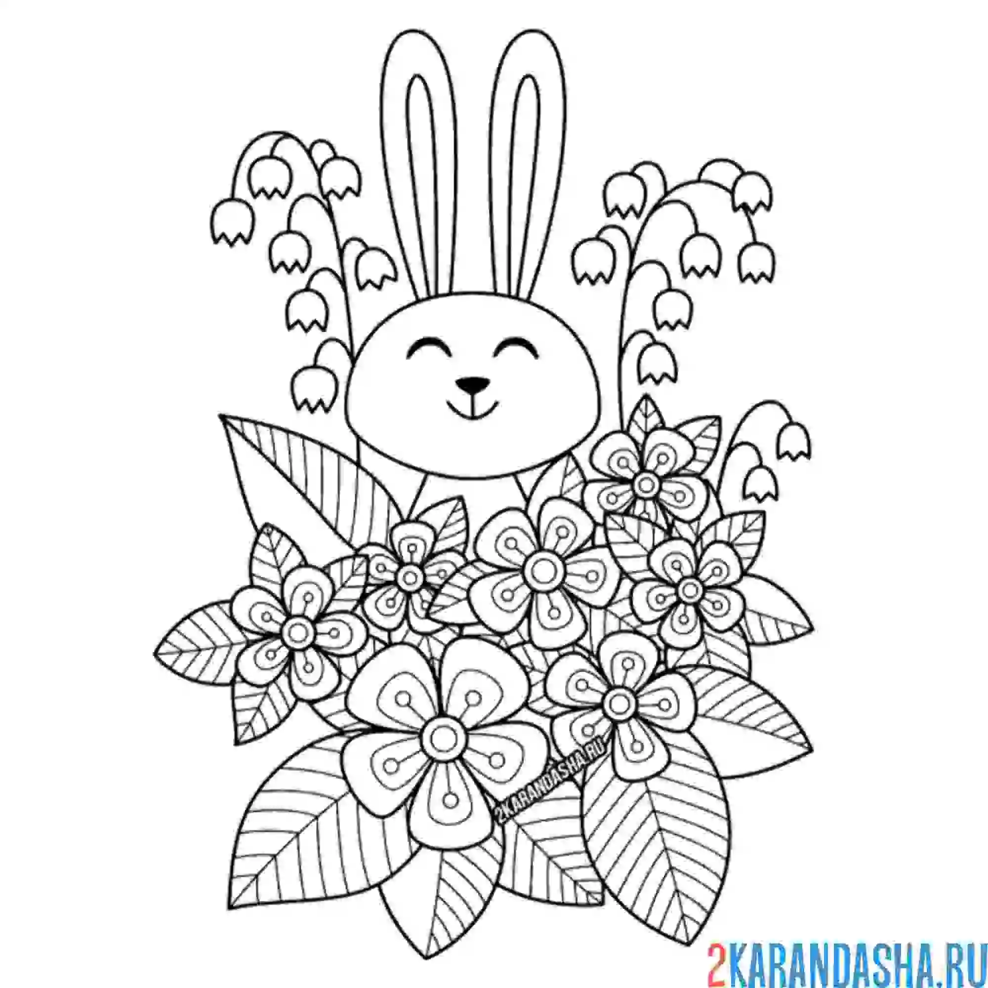 Раскраска пасхальный кролик в весенних цветах