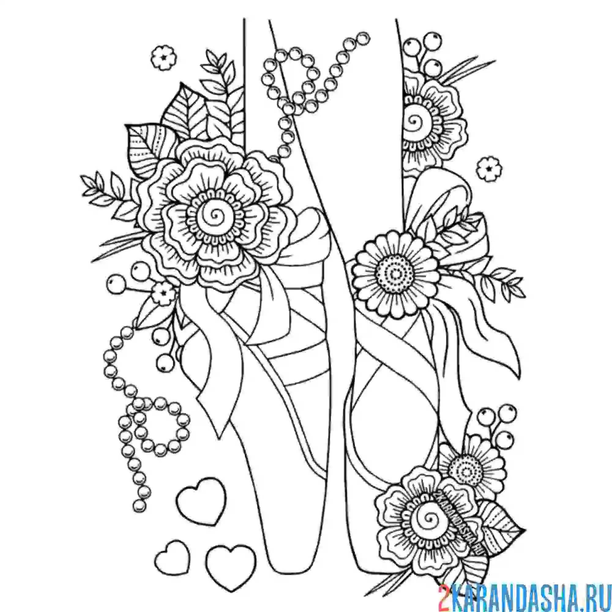 Раскраска пуанты в цветах и сердечках