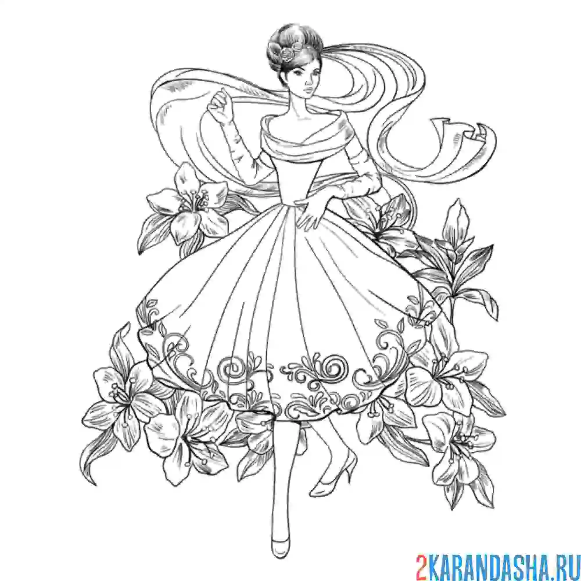 Раскраска девушка в весеннем платье
