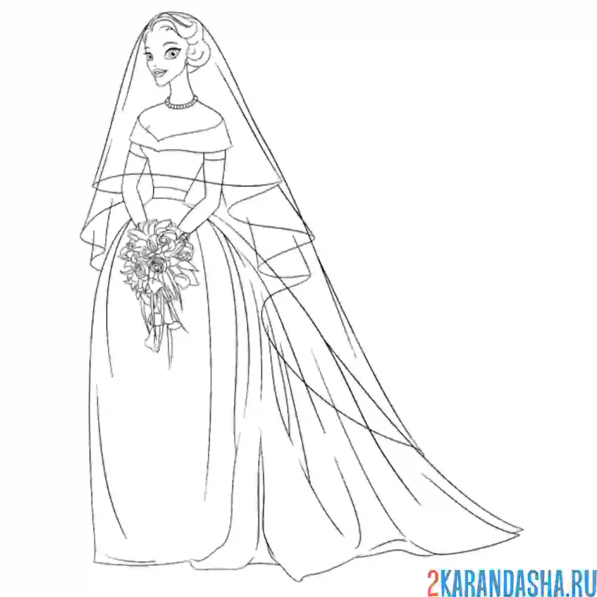 Раскраска свадебное платье и букет