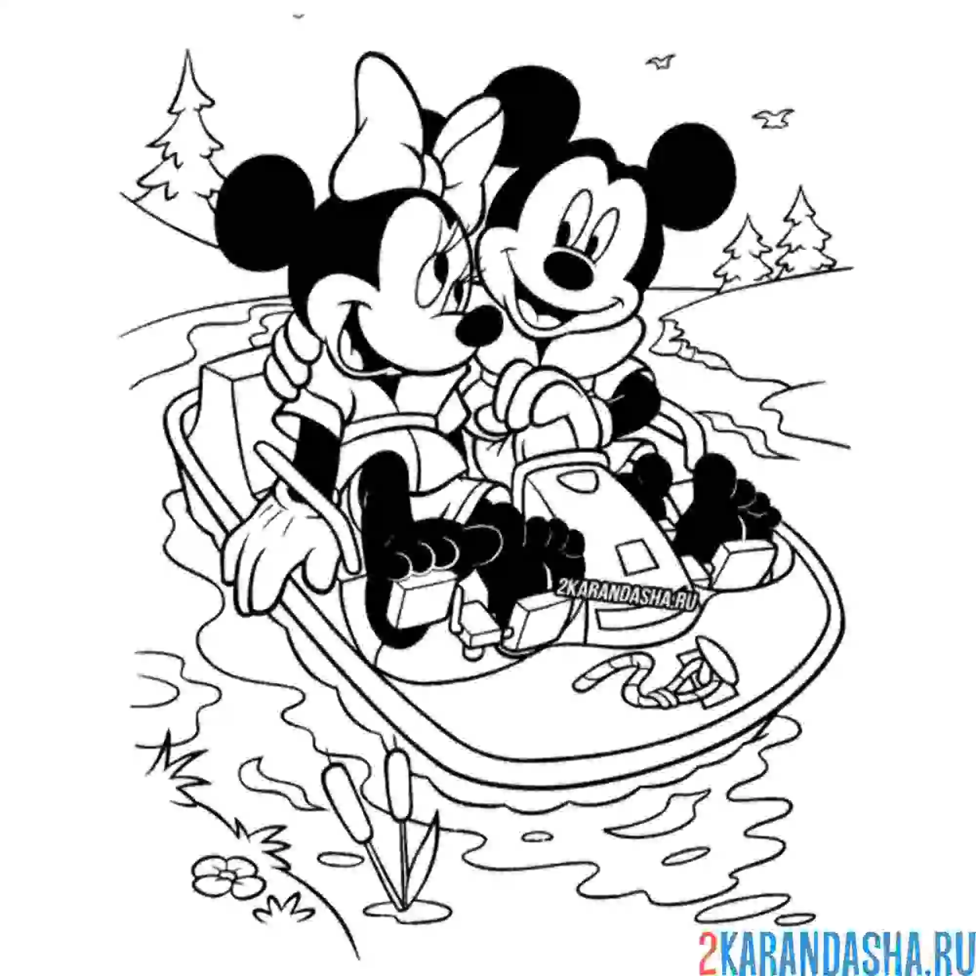 Раскраска микки маус и минни на катамаране