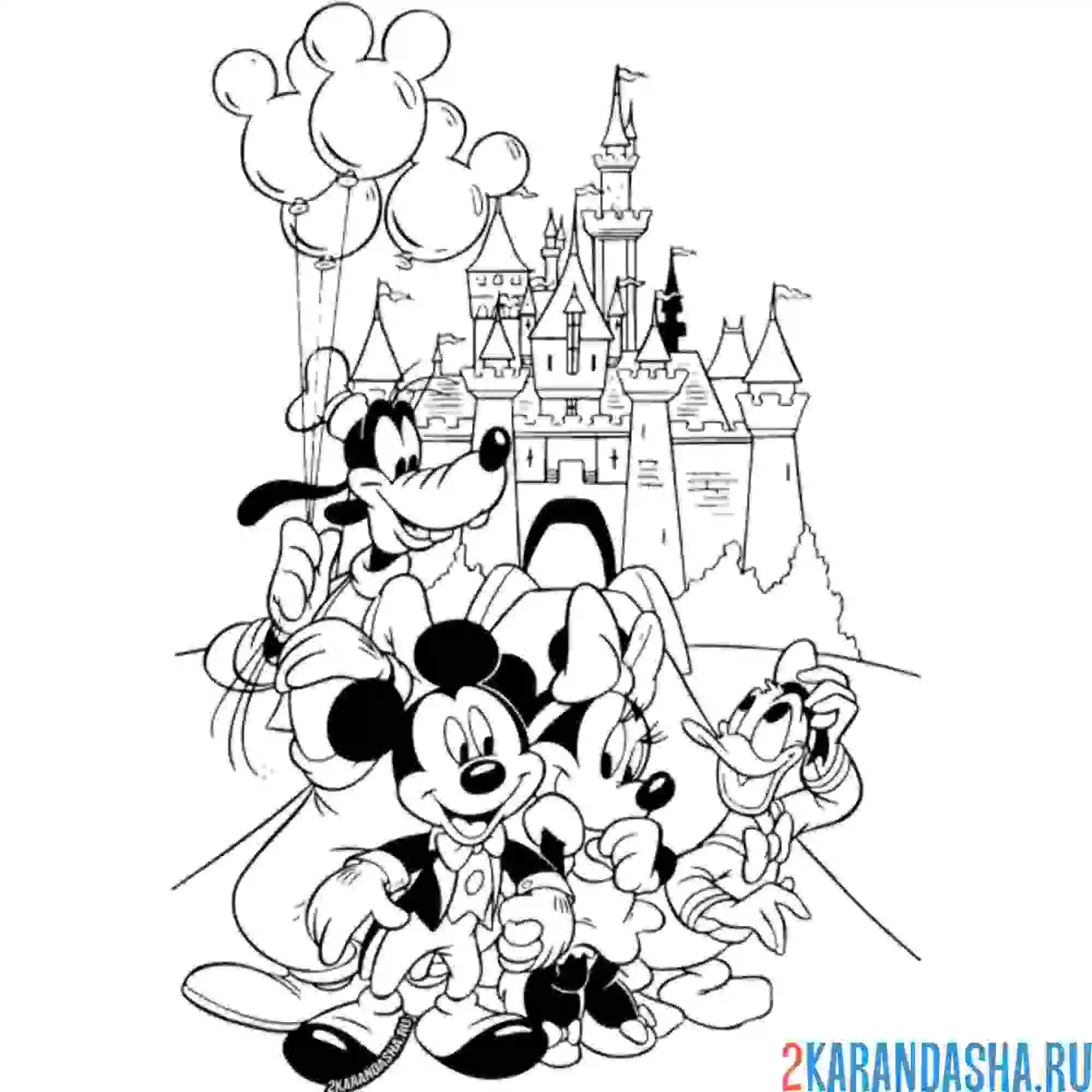 Раскраска замок дисней и герои микки маус